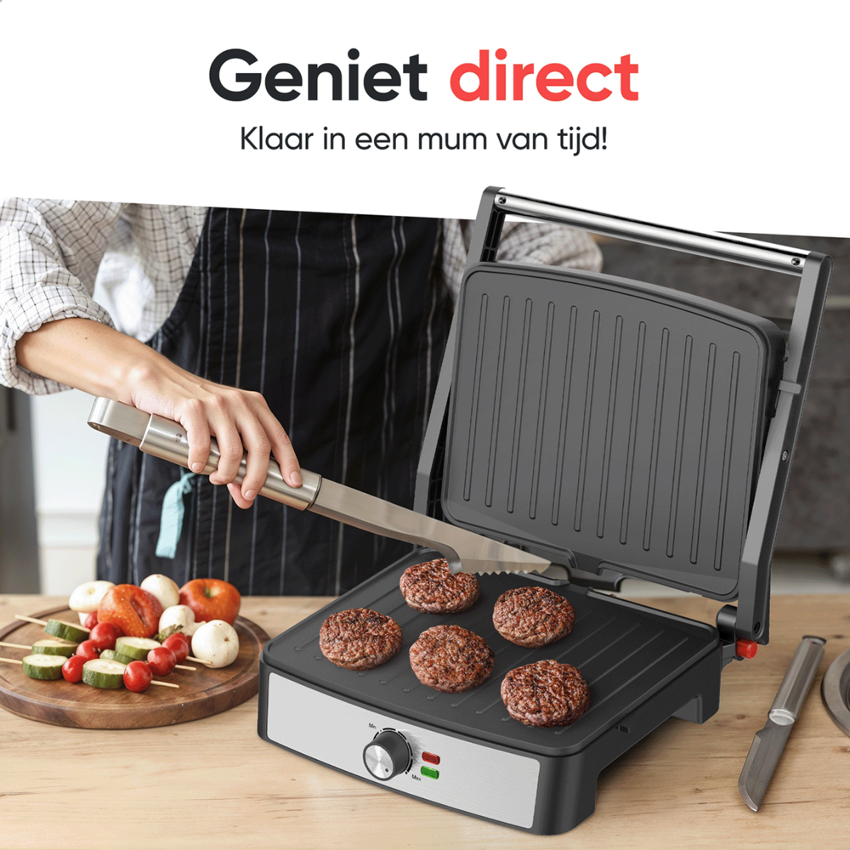 Grilling scene: Person using tongs to place burgers on the grill.