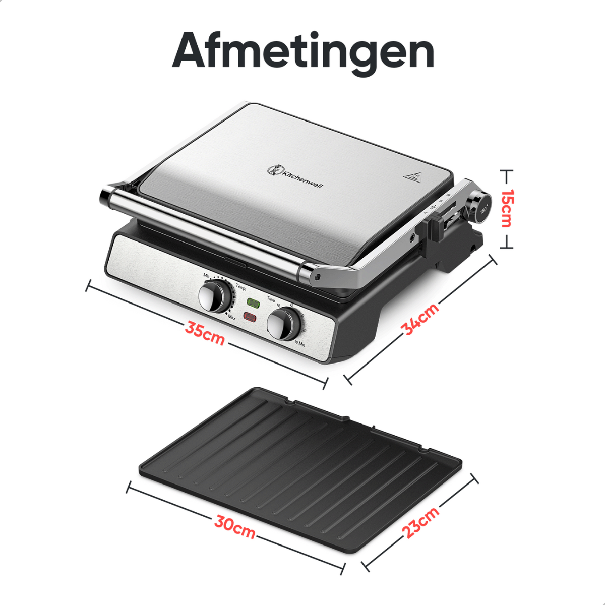 A silver and black panini press with dimensions. Black grill plate is separate.