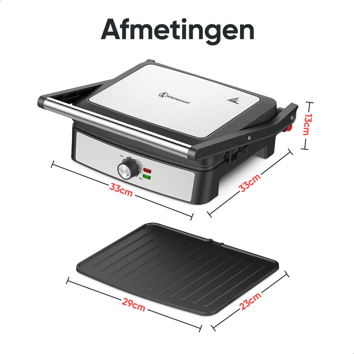 A black and silver grill with dimensions shown. A separate black grill plate is next to it.