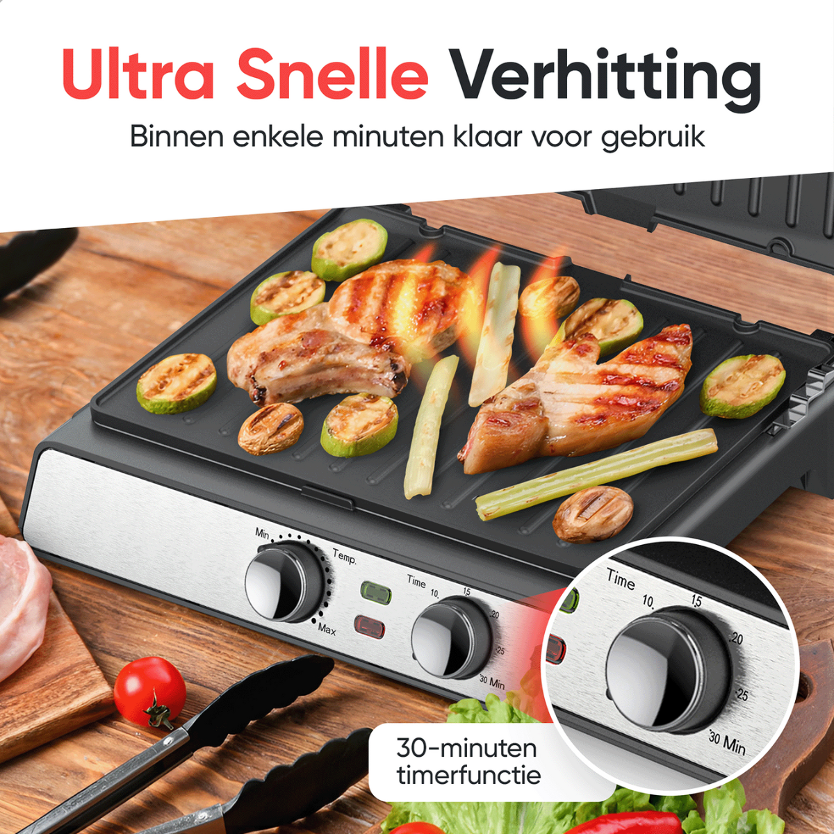 A tabletop grill with food cooking on it, timer knobs, and tongs.