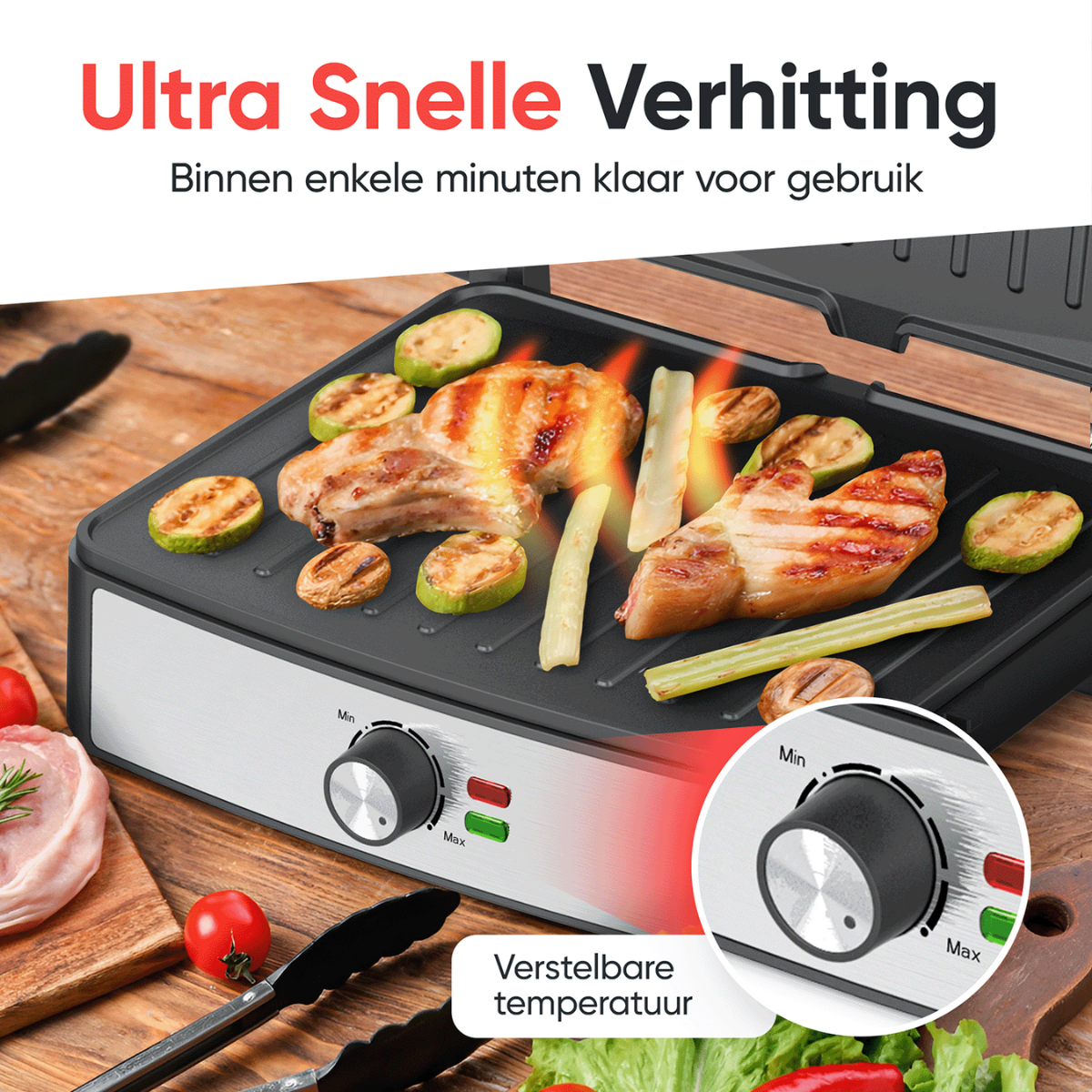 Grill with meat and vegetables. The grill has a temperature control. The background is black.