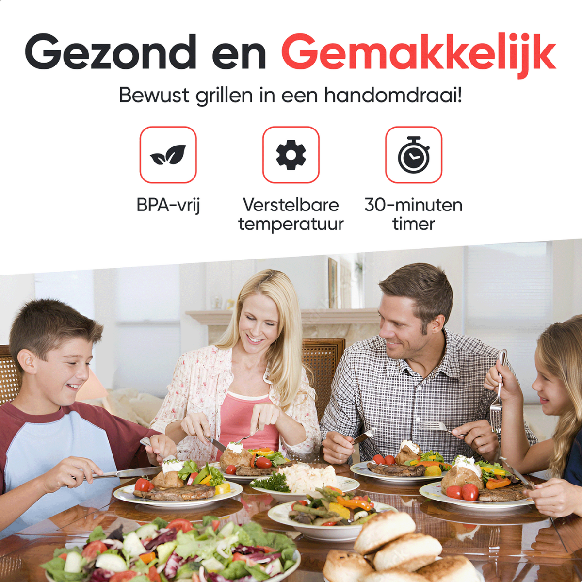 Family eating dinner at a table. Text above: healthy and easy, with icons for BPA-free, temp, and timer.