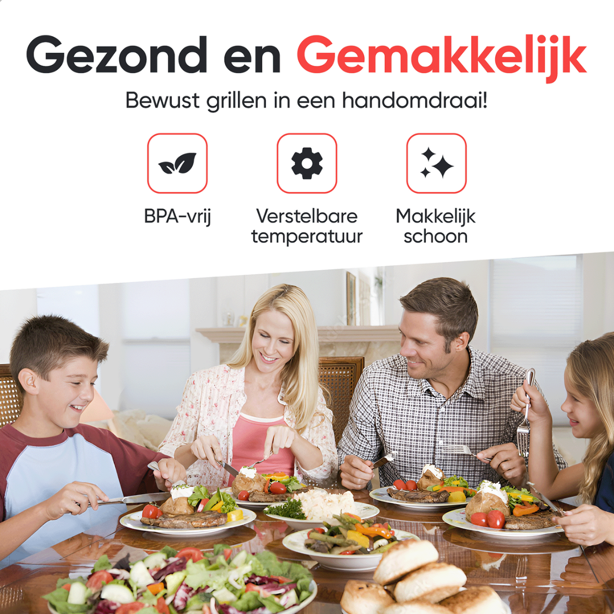 A family eating at a table with food. Text above reads: Healthy and Easy.