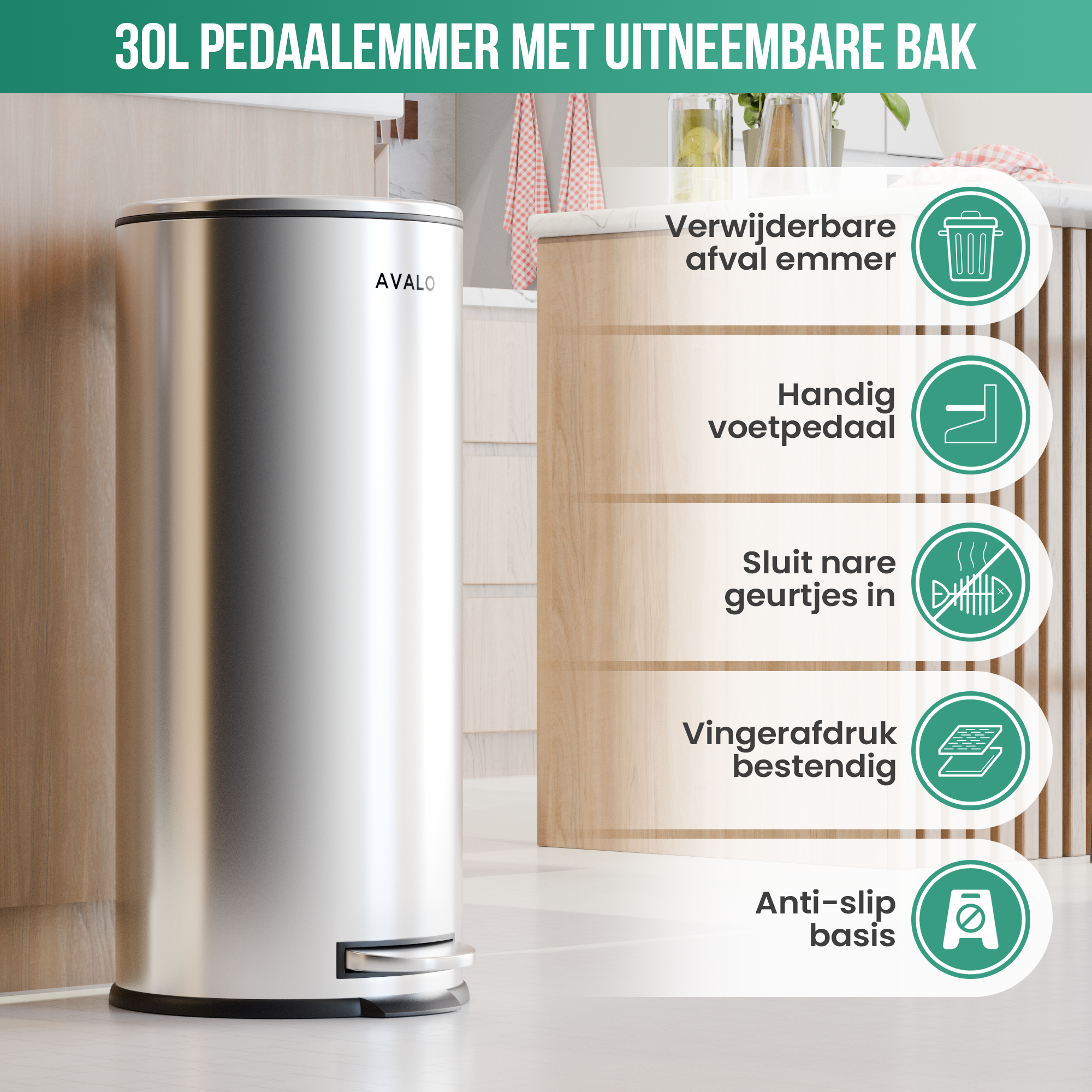 Stainless steel trash can with a foot pedal. Icon display features and descriptions.