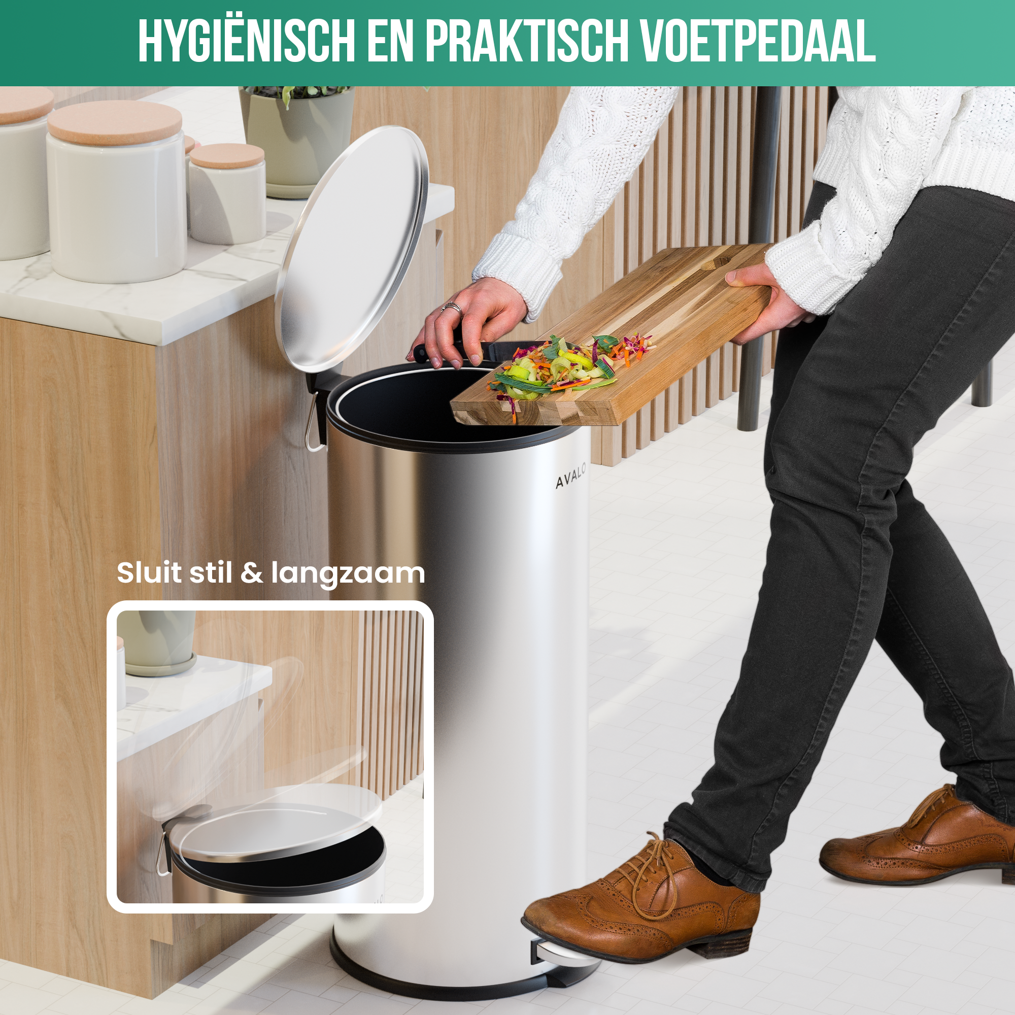 A person using a foot-operated trash can in a kitchen setting. A wooden cutting board is visible.