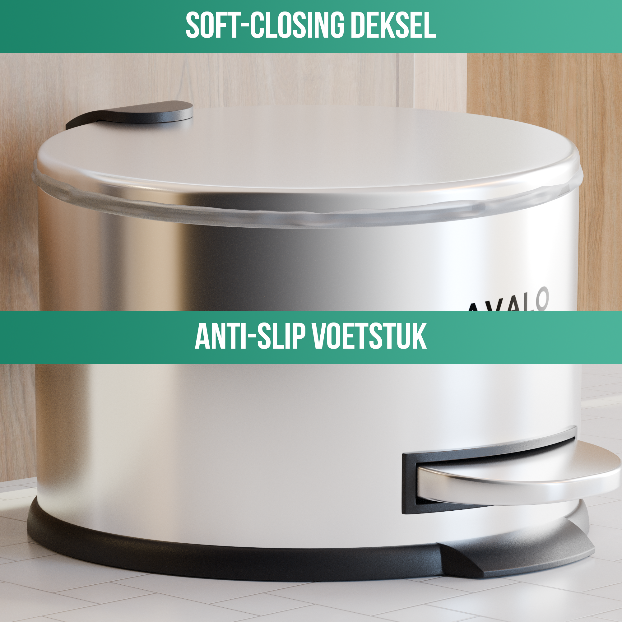A stainless steel trash can with a foot pedal.