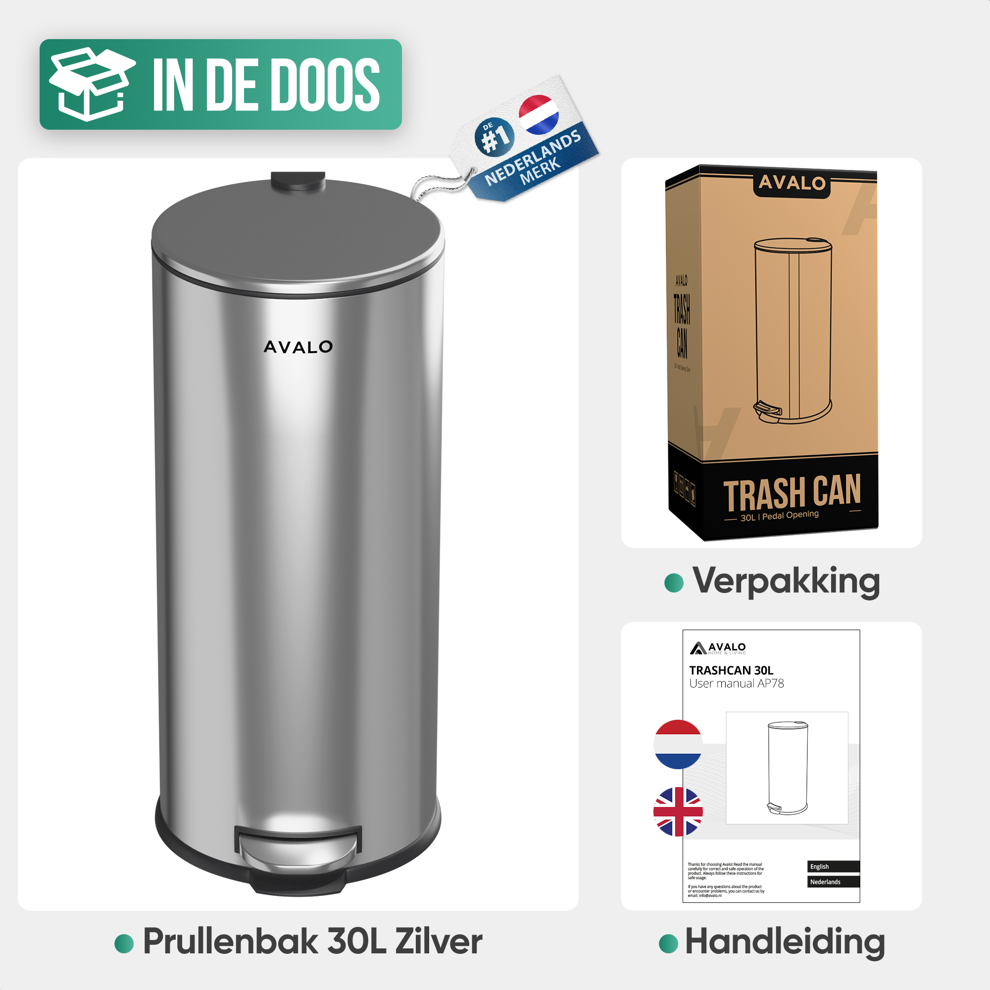 A silver trash can with a lid, a box, and a user manual are shown.