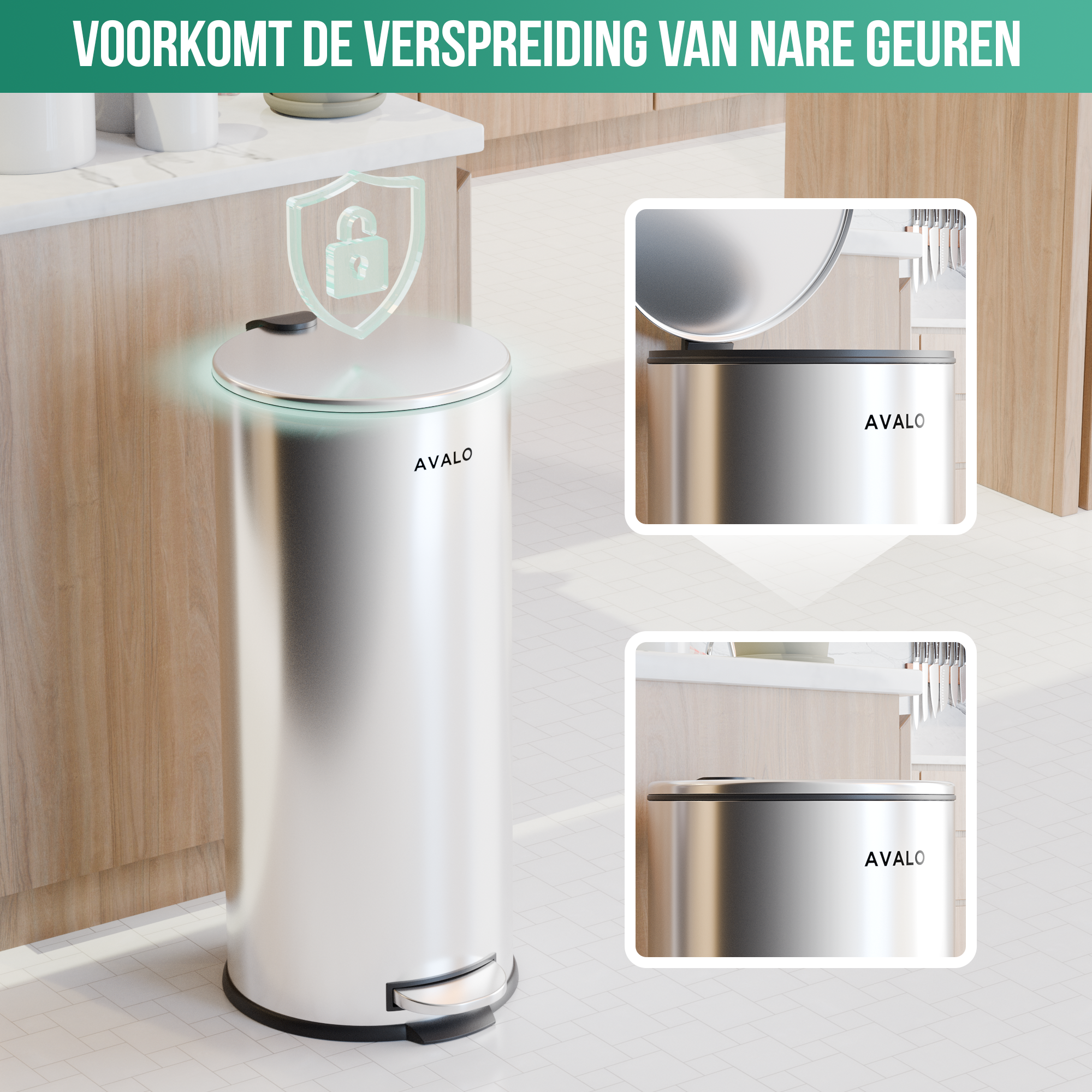 Silver trash can, with a lock icon, with a lid open and closed, on a white floor.