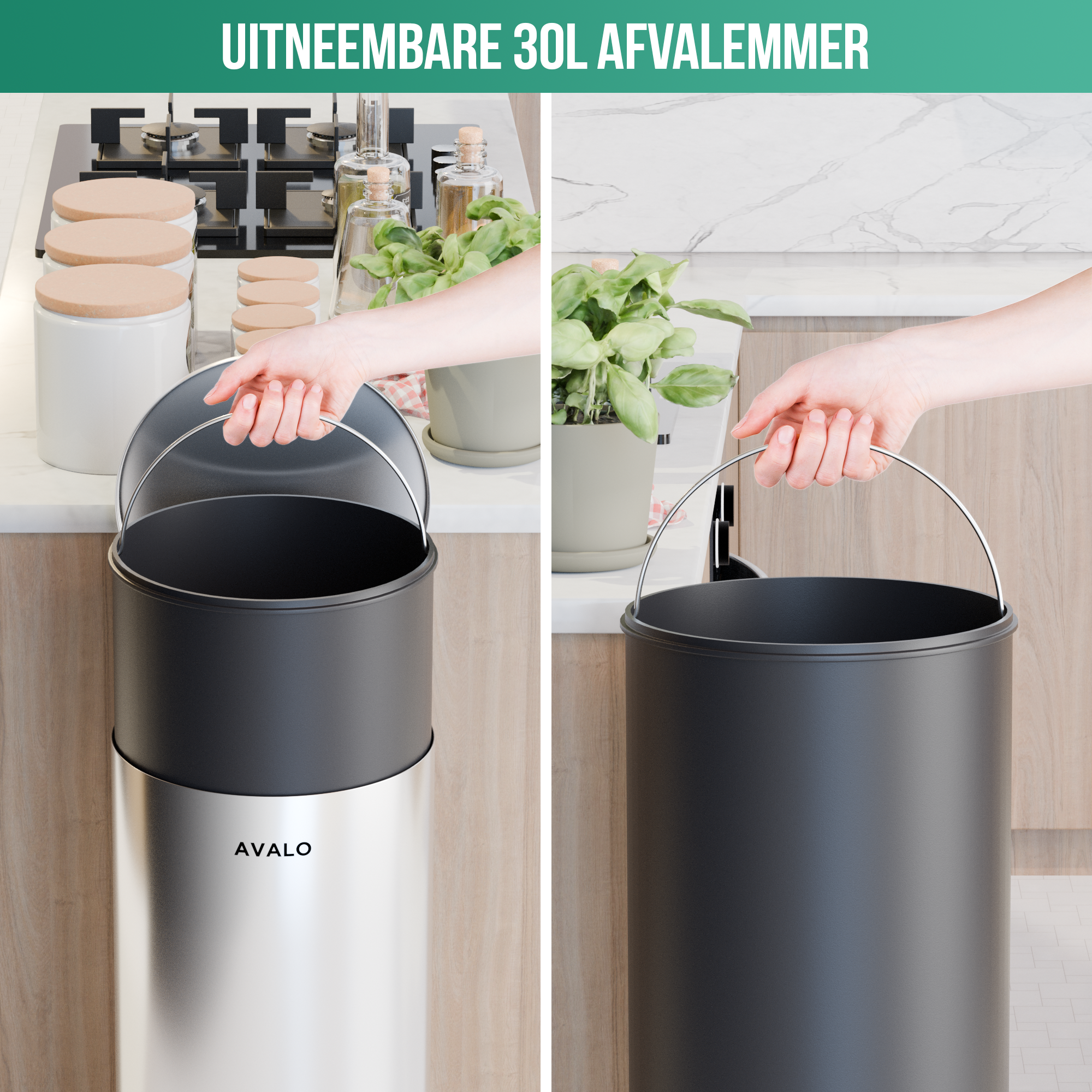 Two hands are holding a black and silver trash can. Kitchen setting.