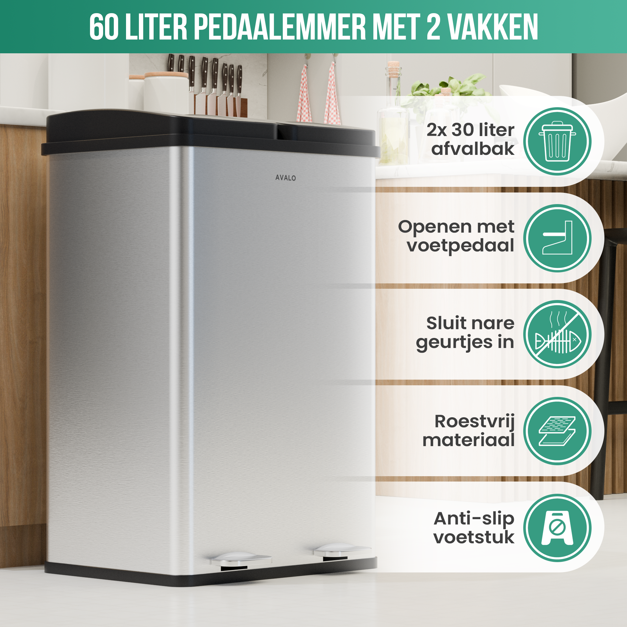 Stainless steel trash can with black lid, labeled features. Kitchen background.