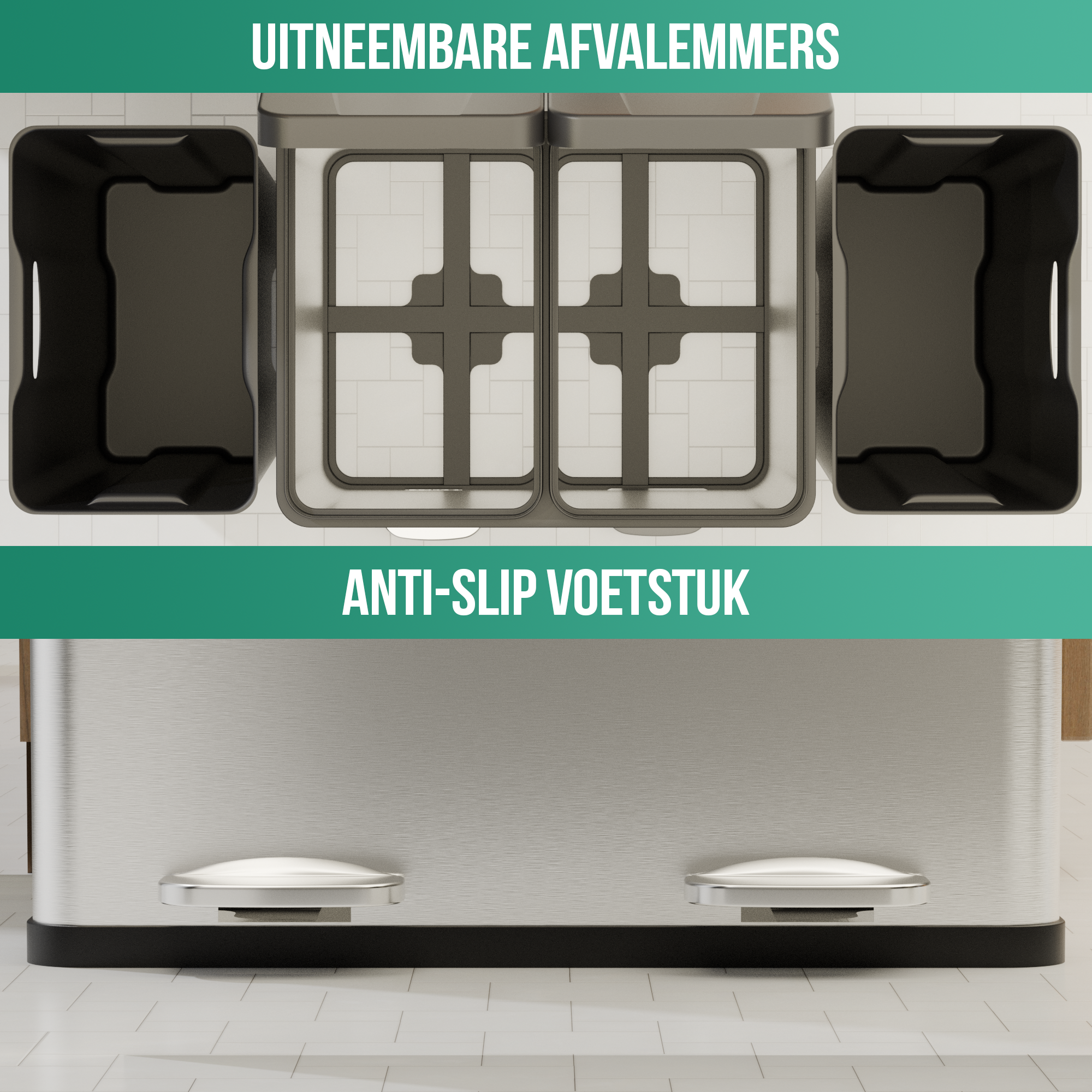 Two trash cans. Black containers and a silver base. Anti-slip foot.