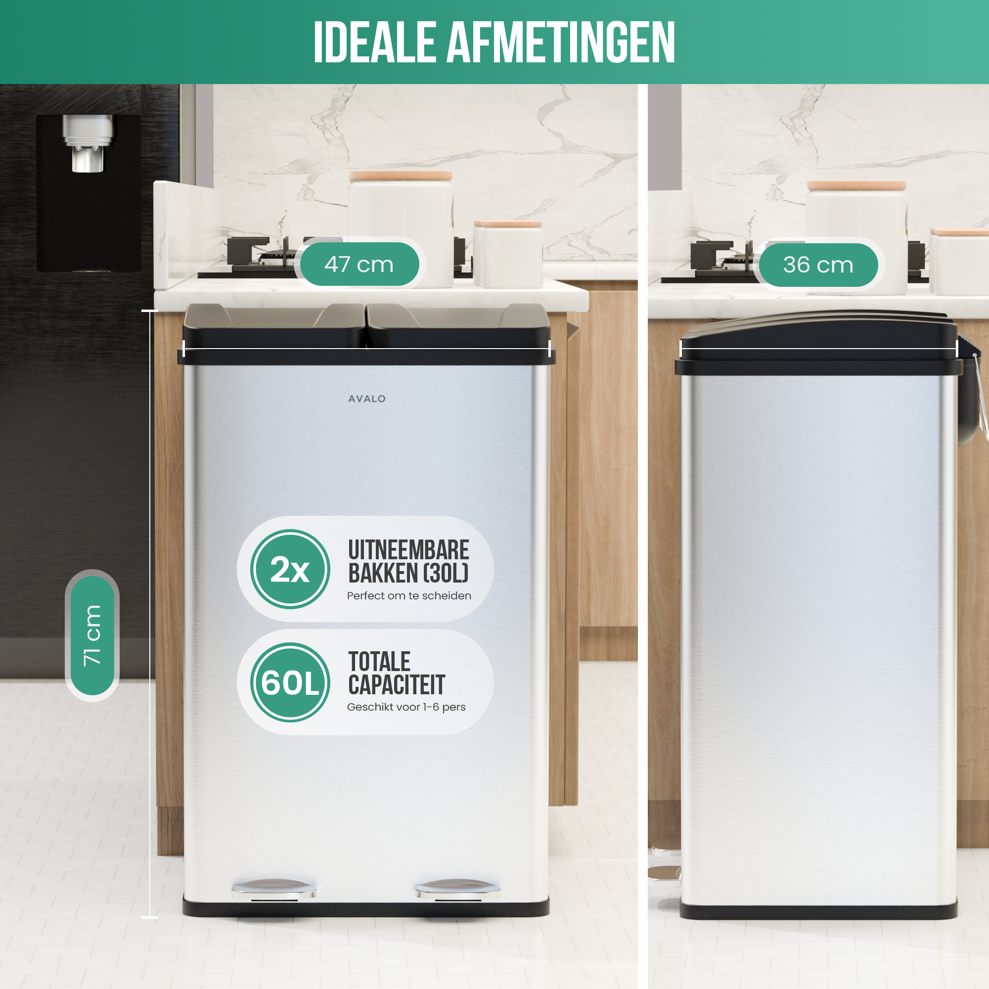 Stainless steel trash cans, showing dimensions. Text in Dutch, indicating capacity and size.