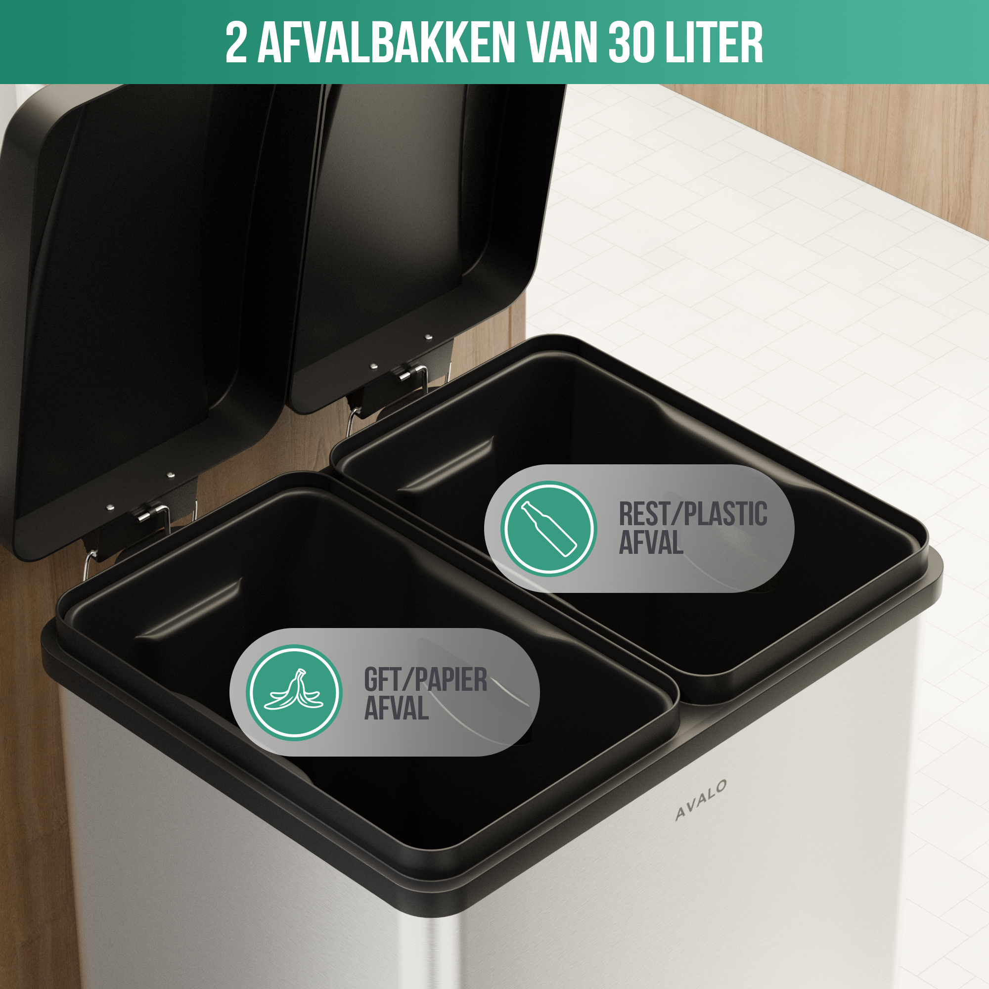 Trash can with two compartments. One is for general waste, the other for rest/plastic.  Both have lids.