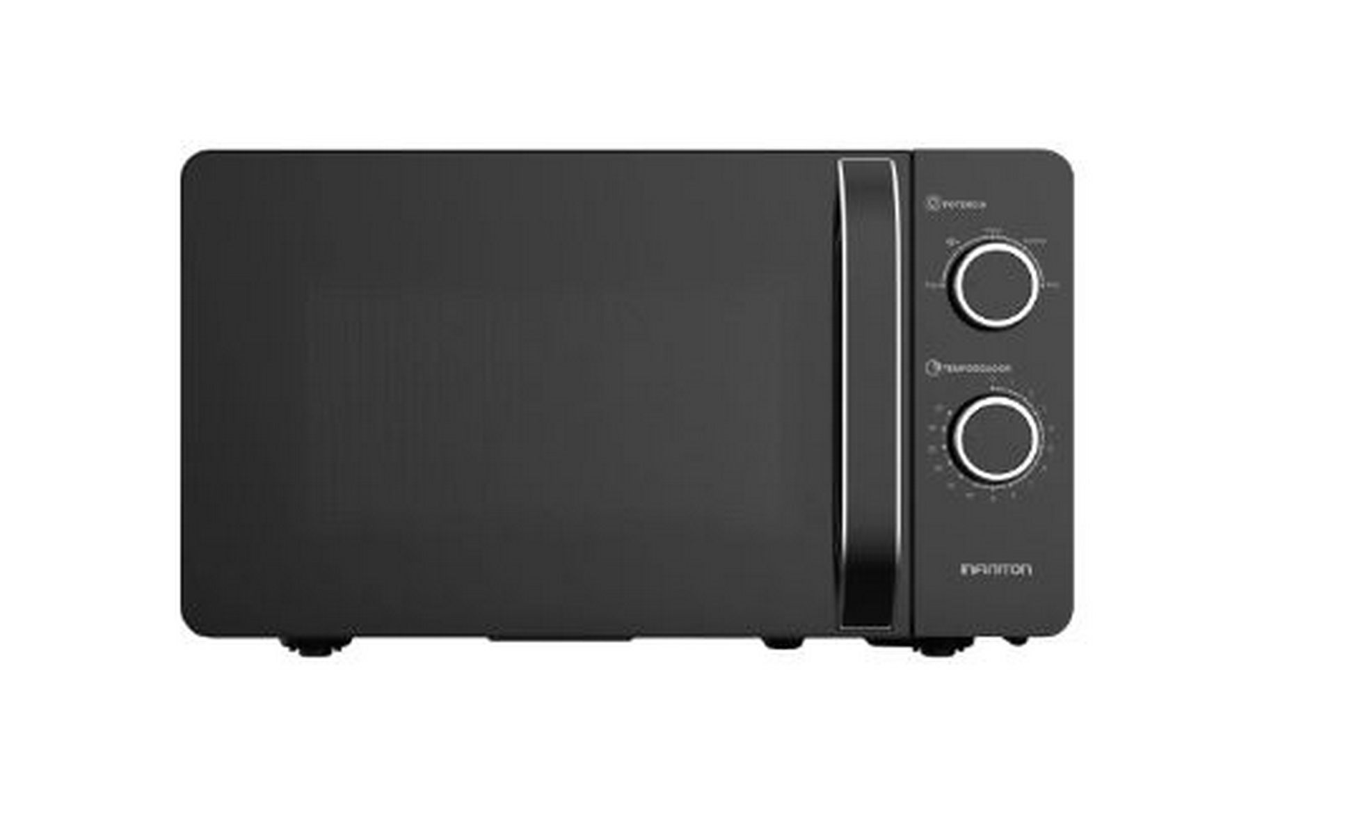 Horno microondas negro con dos diales a la derecha. El fondo es una superficie lisa.