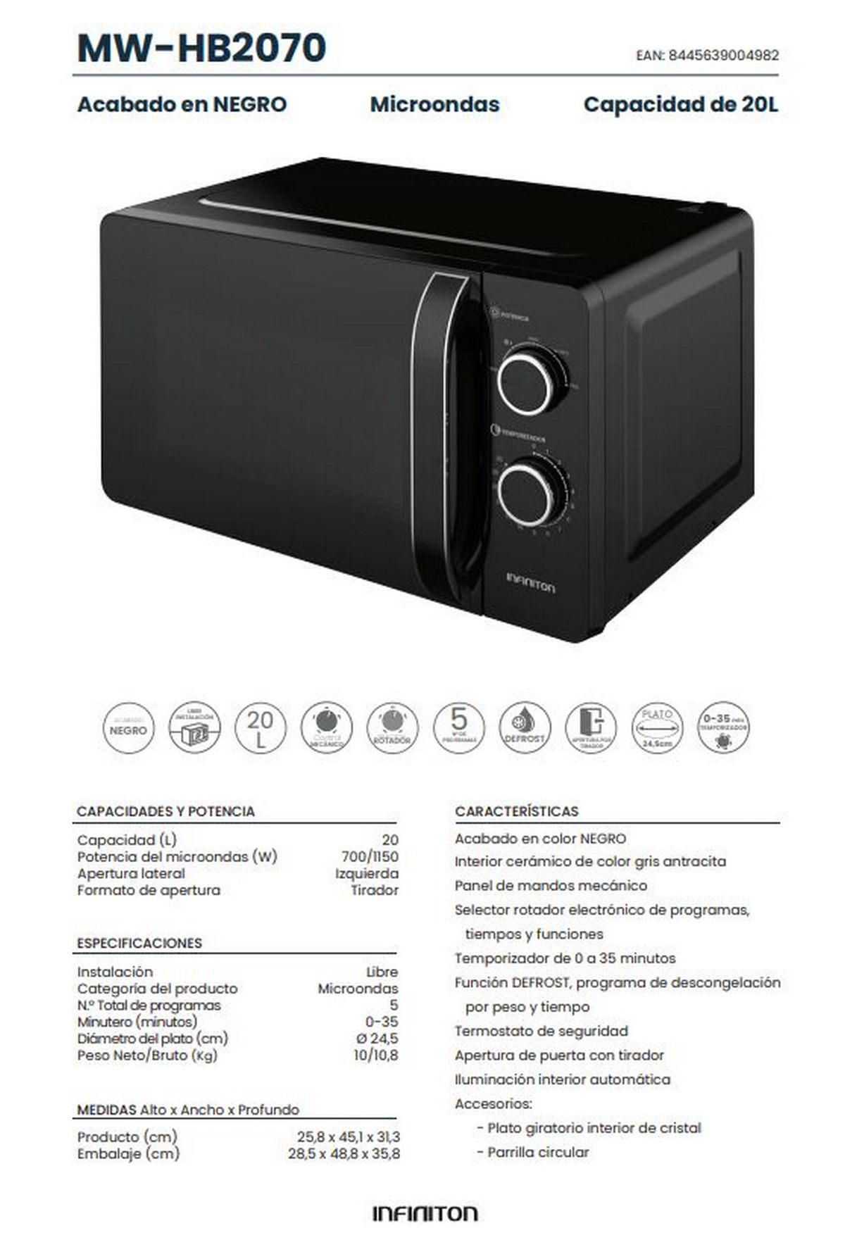 Microondas negro con panel de control y puerta. Texto en la parte frontal.