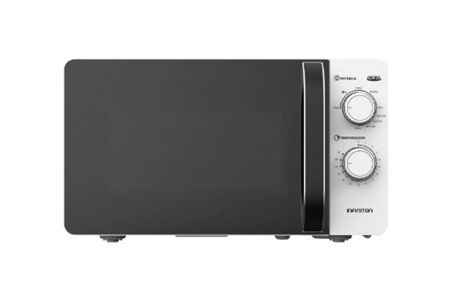 Un horno microondas blanco y negro. Tiene perillas de control en el lado derecho y está aislado.
