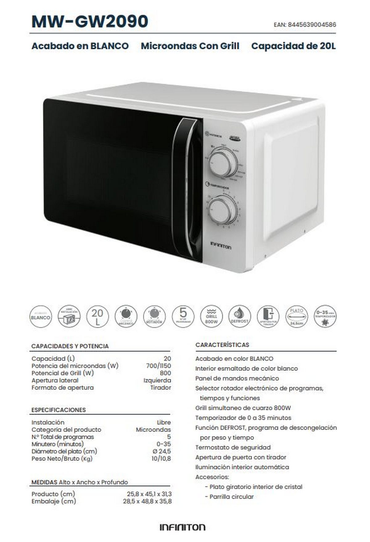 Un microondas blanco con puerta negra. El texto detalla el modelo y las especificaciones. La imagen es una foto del producto.