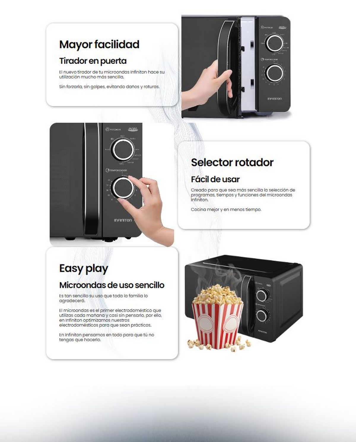 Un microondas negro con cuadros de texto y una caja de palomitas de maíz.