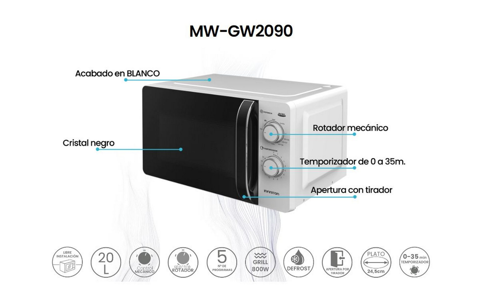 Microondas blanco con puerta negra. Tiene perillas de control y un temporizador digital en el lado derecho.