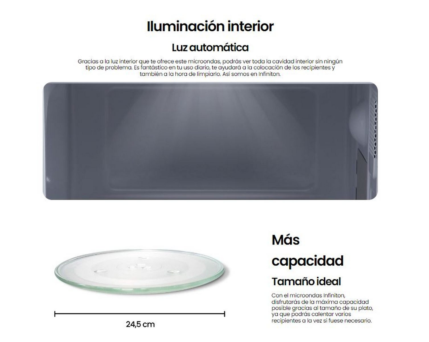 Vista interior del microondas con texto sobre iluminación interior y capacidad, y un plato de vidrio. 24,5 cm.