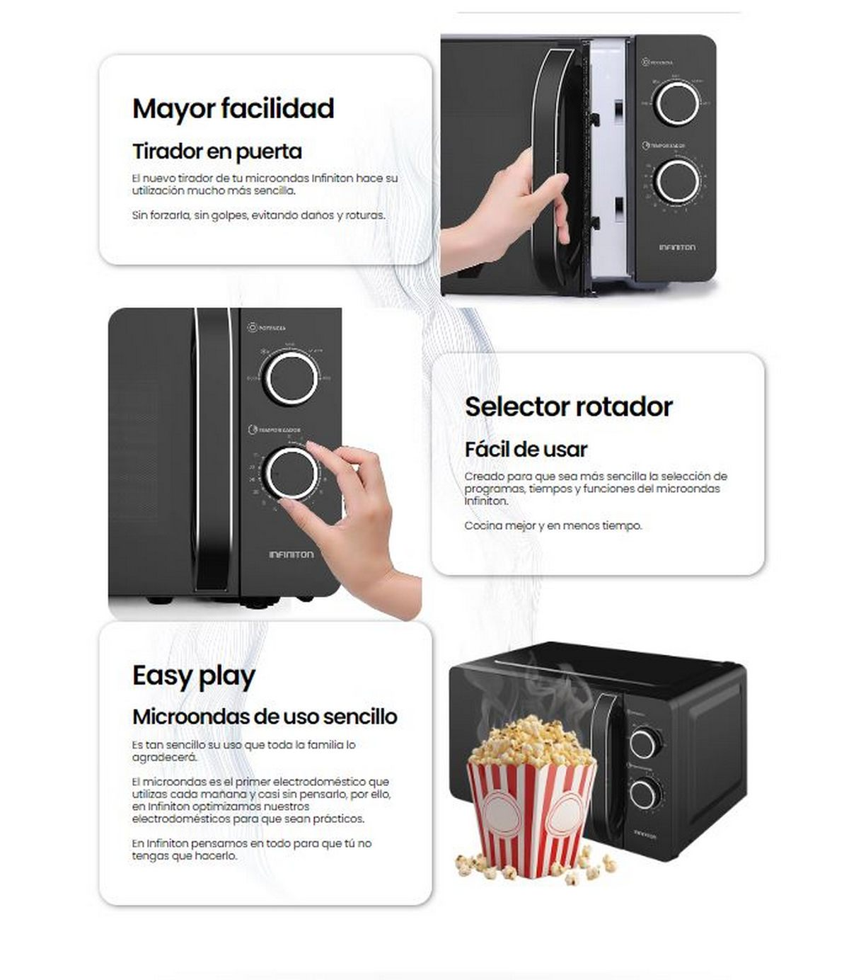 Un horno de microondas negro, que muestra diferentes vistas, con detalles de los controles y las palomitas de maíz.