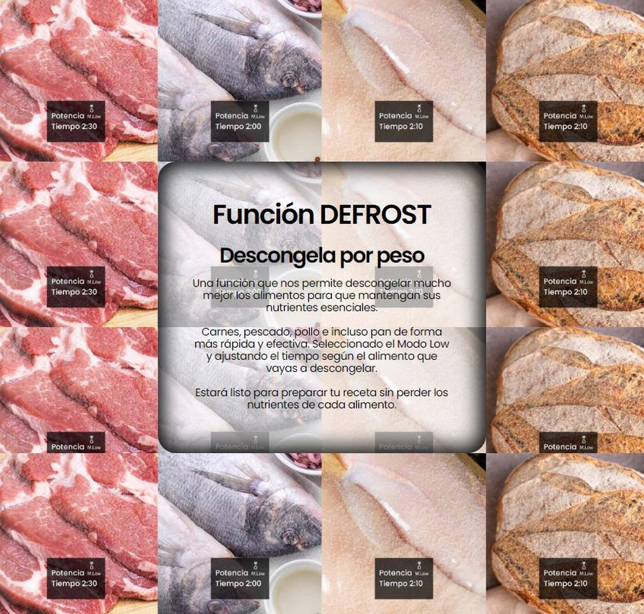 Imagen que muestra varios alimentos con el texto 'Función DESCONGELAR' en el centro.