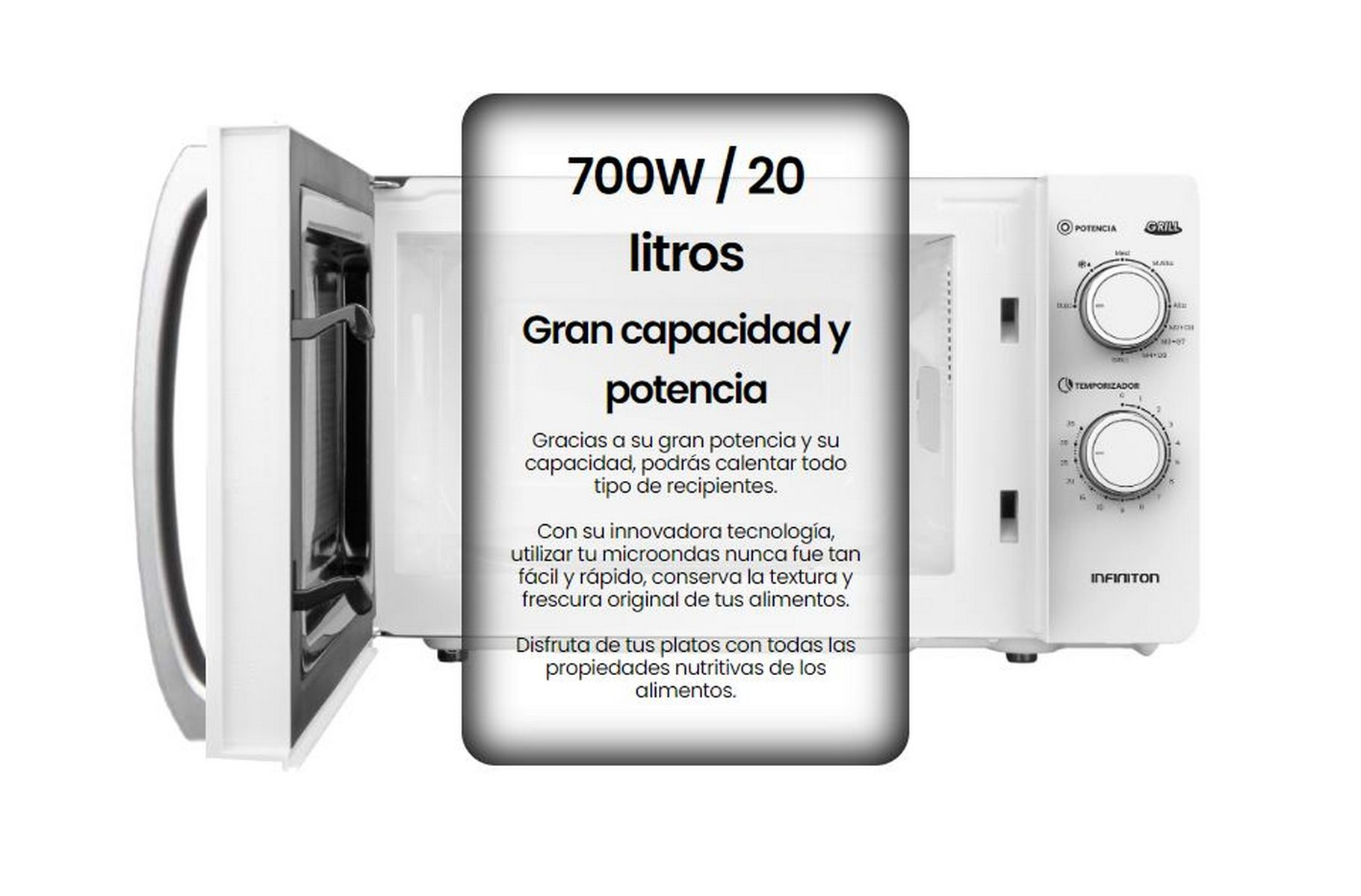 Un microondas blanco con texto: 700W / 20 litros, gran capacidad y potencia.
