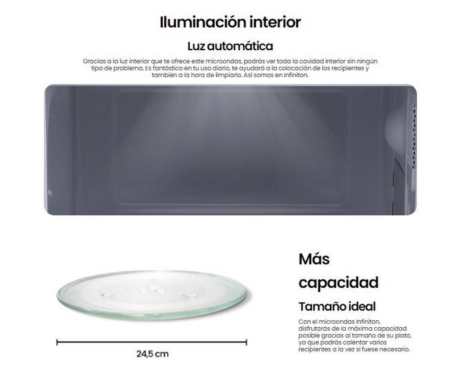 Interior de un horno microondas con plato de cristal. El texto indica luz automática y tamaño ideal.