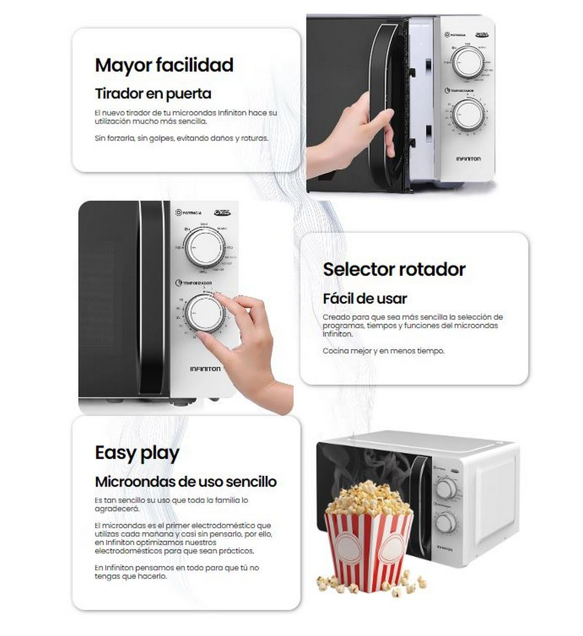 Un microondas con detalles sobre la puerta, perillas y funciones. Palomitas en un recipiente rojo y blanco.