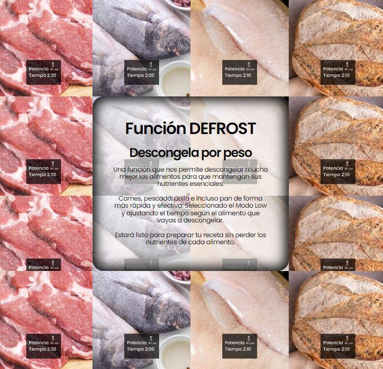 Una cuadrícula de alimentos que incluye carne, pescado y pan. Una caja central proporciona instrucciones de descongelación.