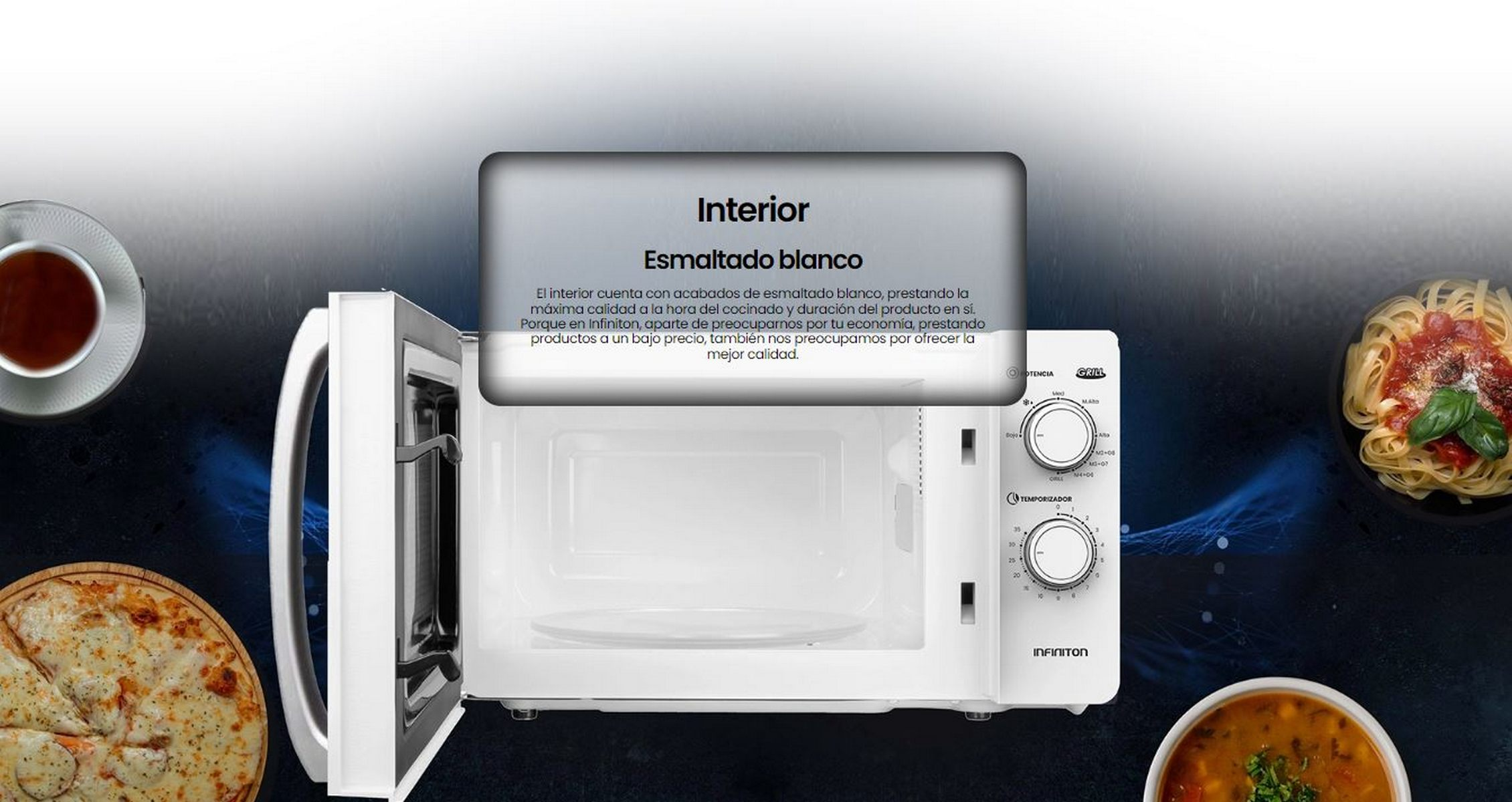 Microondas abierto con comida. La burbuja de texto dice: Interior, esmaltado blanco.