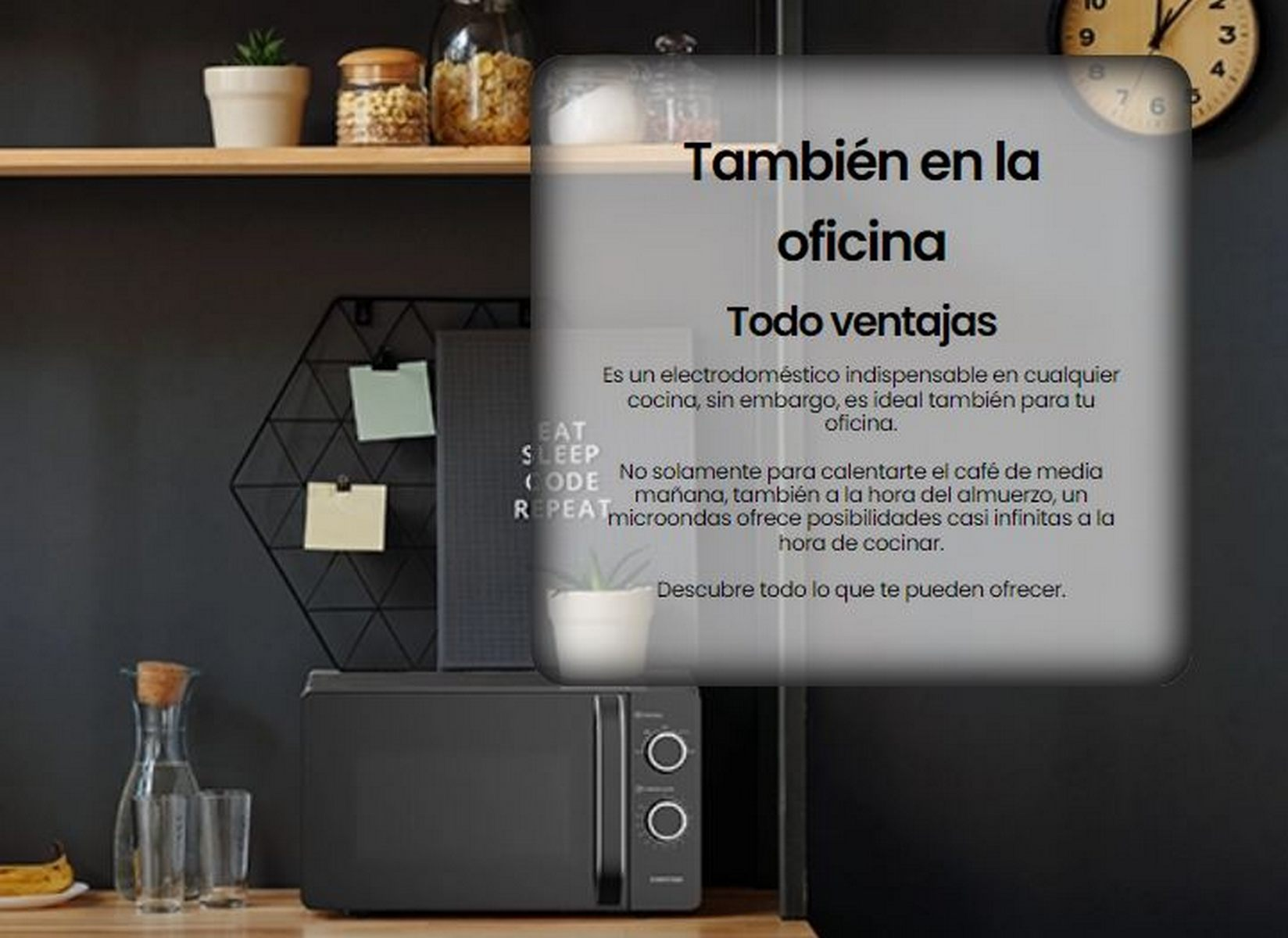 Microondas en encimera, con texto superpuesto en español. También, estantes con frascos y plantas.