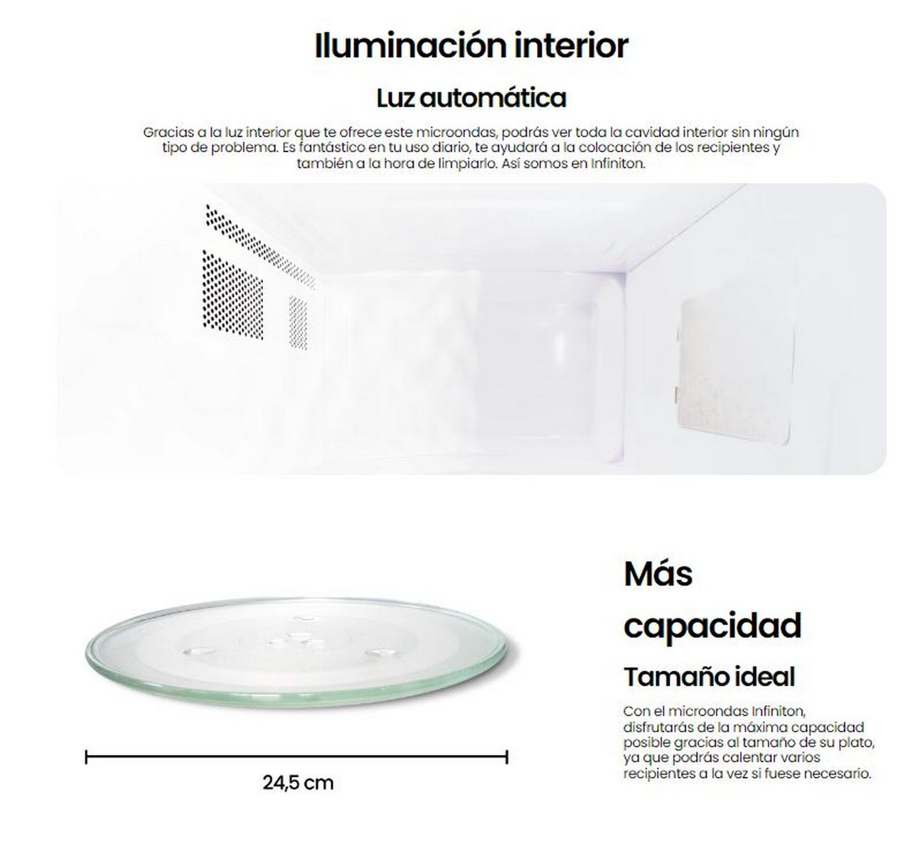 Interior del microondas y una placa de vidrio. Texto en español sobre iluminación interior y capacidad.