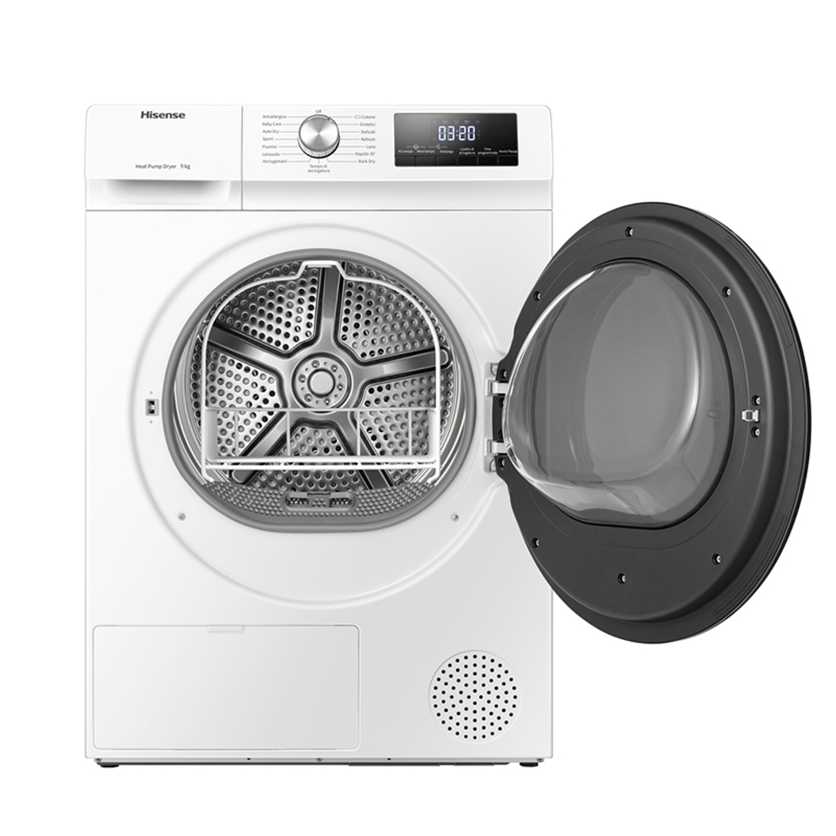 Asciugatrice bianca con porta aperta. Pannello di controllo, cestello e porta con finestra.