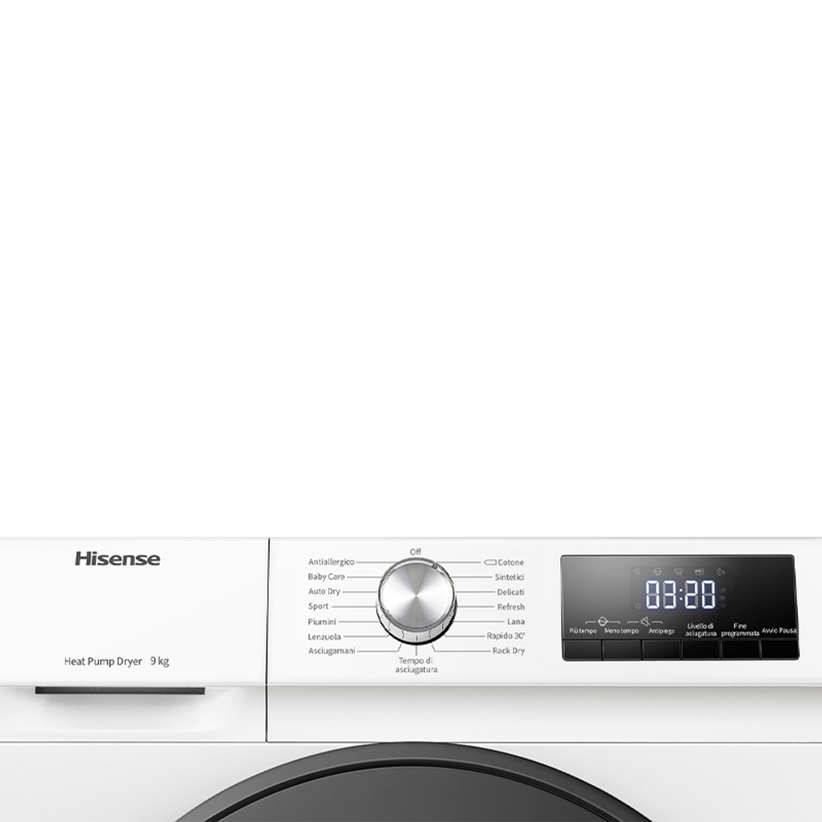 Pannello di controllo della lavatrice bianco. Quadrante, display digitale con tempo. Sfondo nero. Hisense.