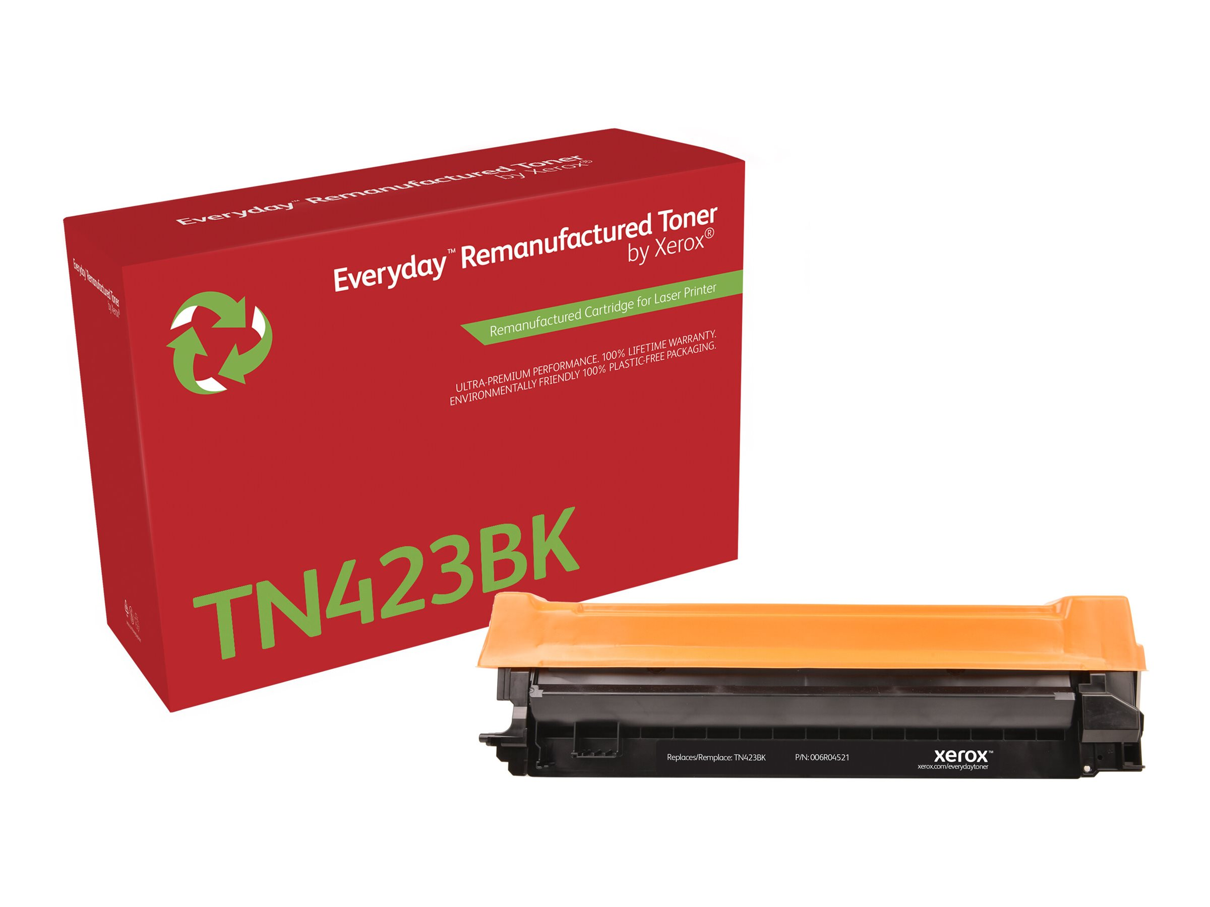 Boîte rouge et blanche de toner remanufacturé. La cartouche de toner est orange.