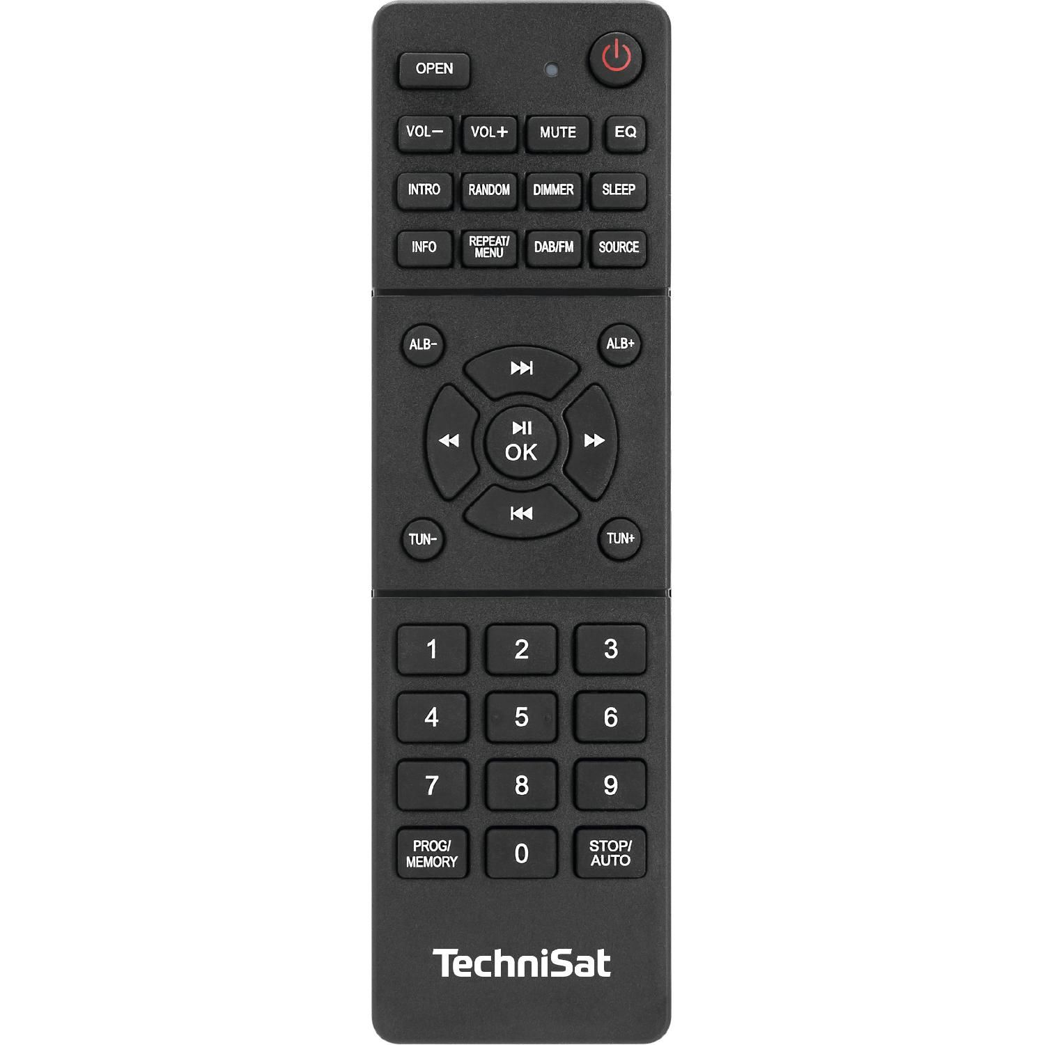 Schwarze TechniSat-Fernbedienung mit mehreren Tasten. Die Fernbedienung befindet sich auf weißem Hintergrund.