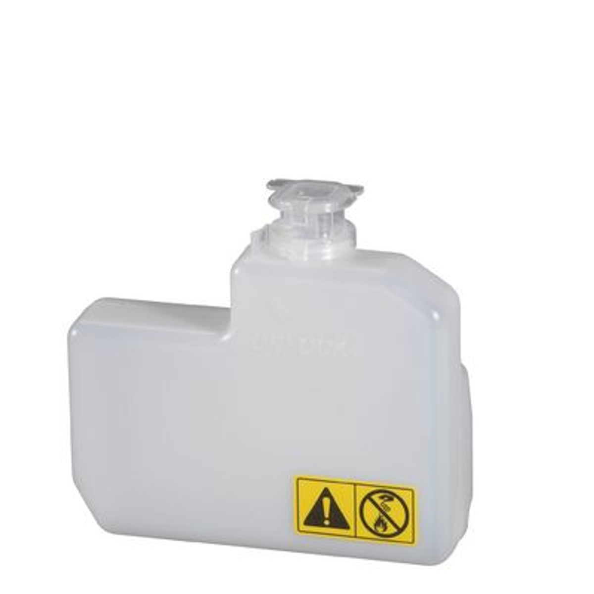 Biały plastikowy zbiornik z nakrętką. Etykiety ostrzegawcze. Używany w systemach chłodzenia.