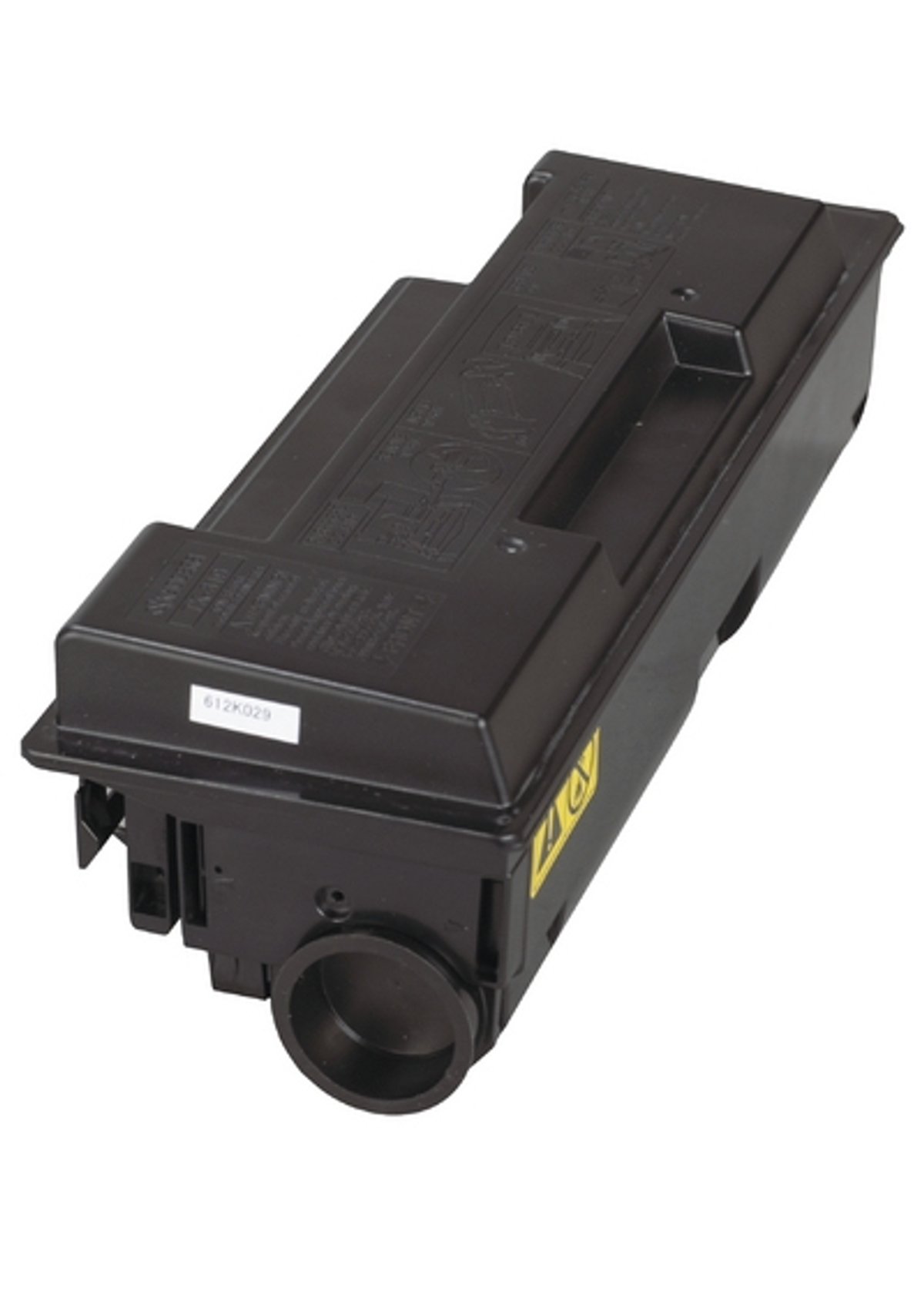 Czarny wkład z tonerem do drukarki. Mała etykieta na górze. Żółty symbol ostrzegawczy z boku.