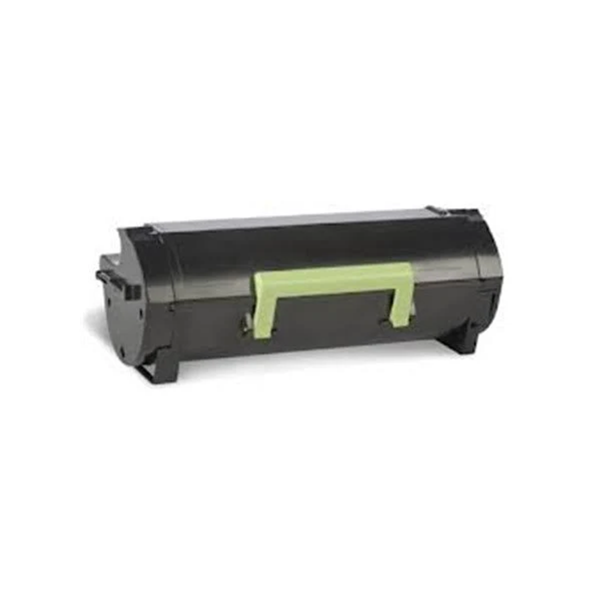 Cartouche de toner noire avec une poignée verte, sur fond blanc.