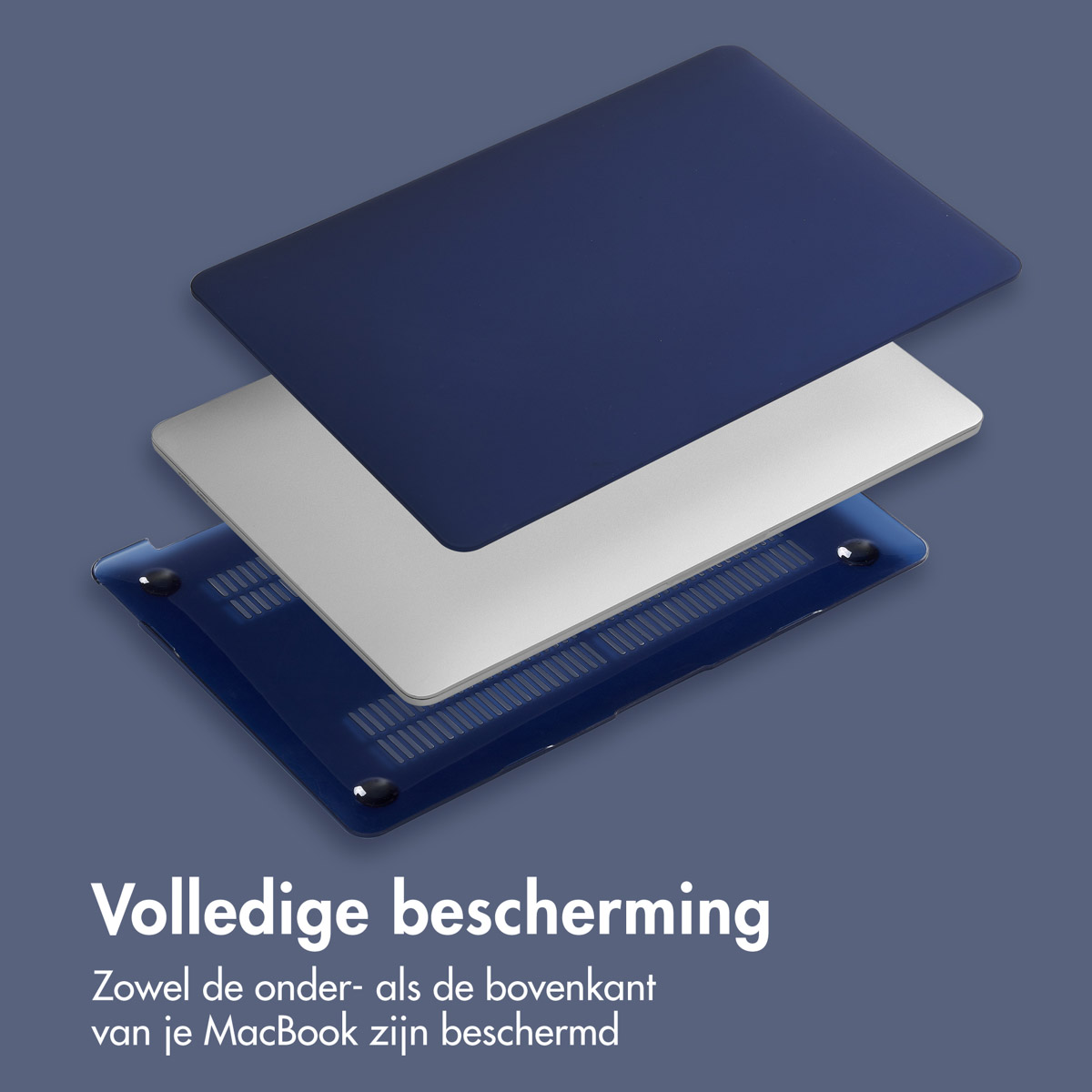 Laptophoes in lagen: blauwe onderkant, zilveren midden en blauwe bovenkant.