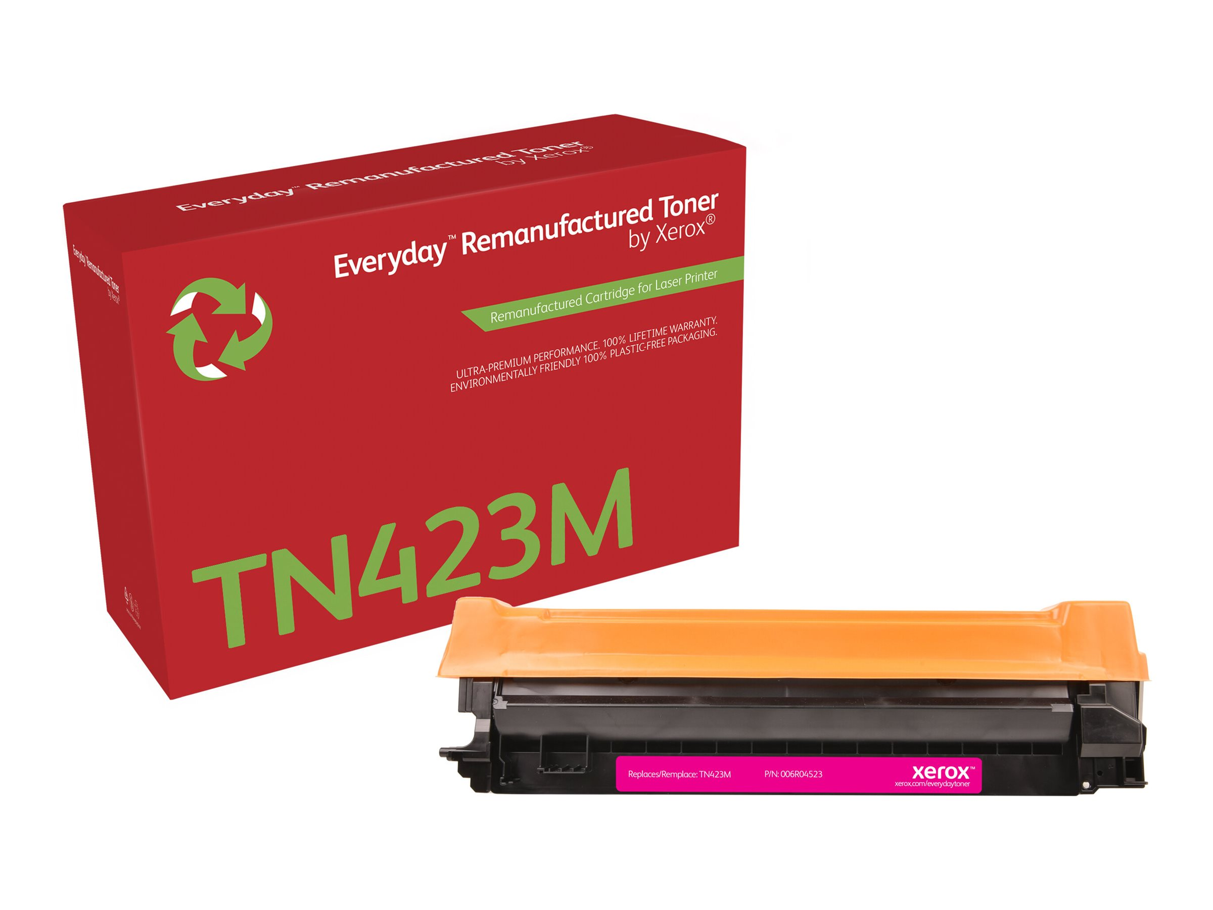 Czerwono-białe pudełko z tonerem Xerox i różowo-czarny wkład.