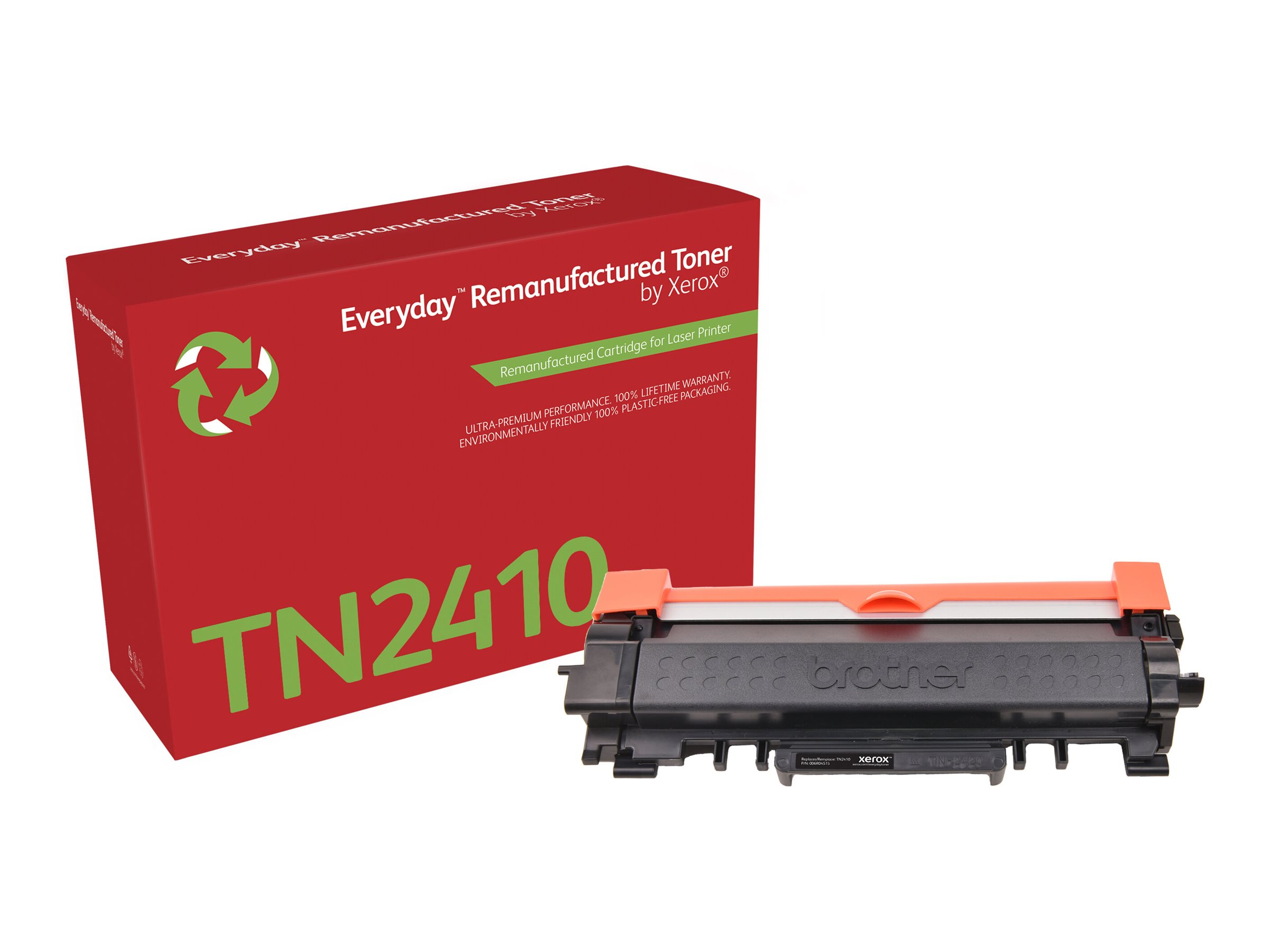 Scatola e cartuccia toner rossa e arancione. Testo: Everyday Remanufactured Toner by Xerox.