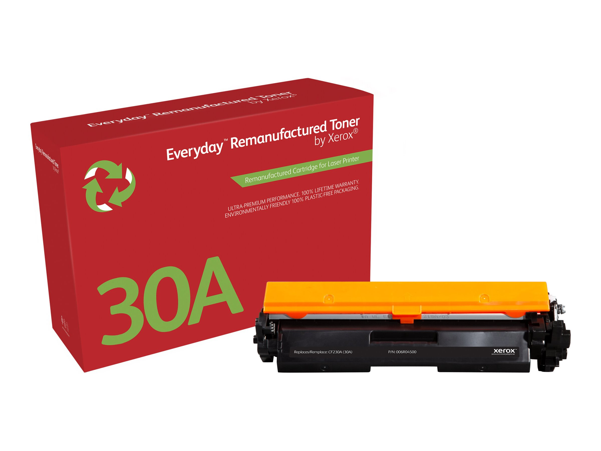 Czerwony i czarny toner Xerox z pudełkiem oznaczonym jako '30A'. Jest na białym tle.