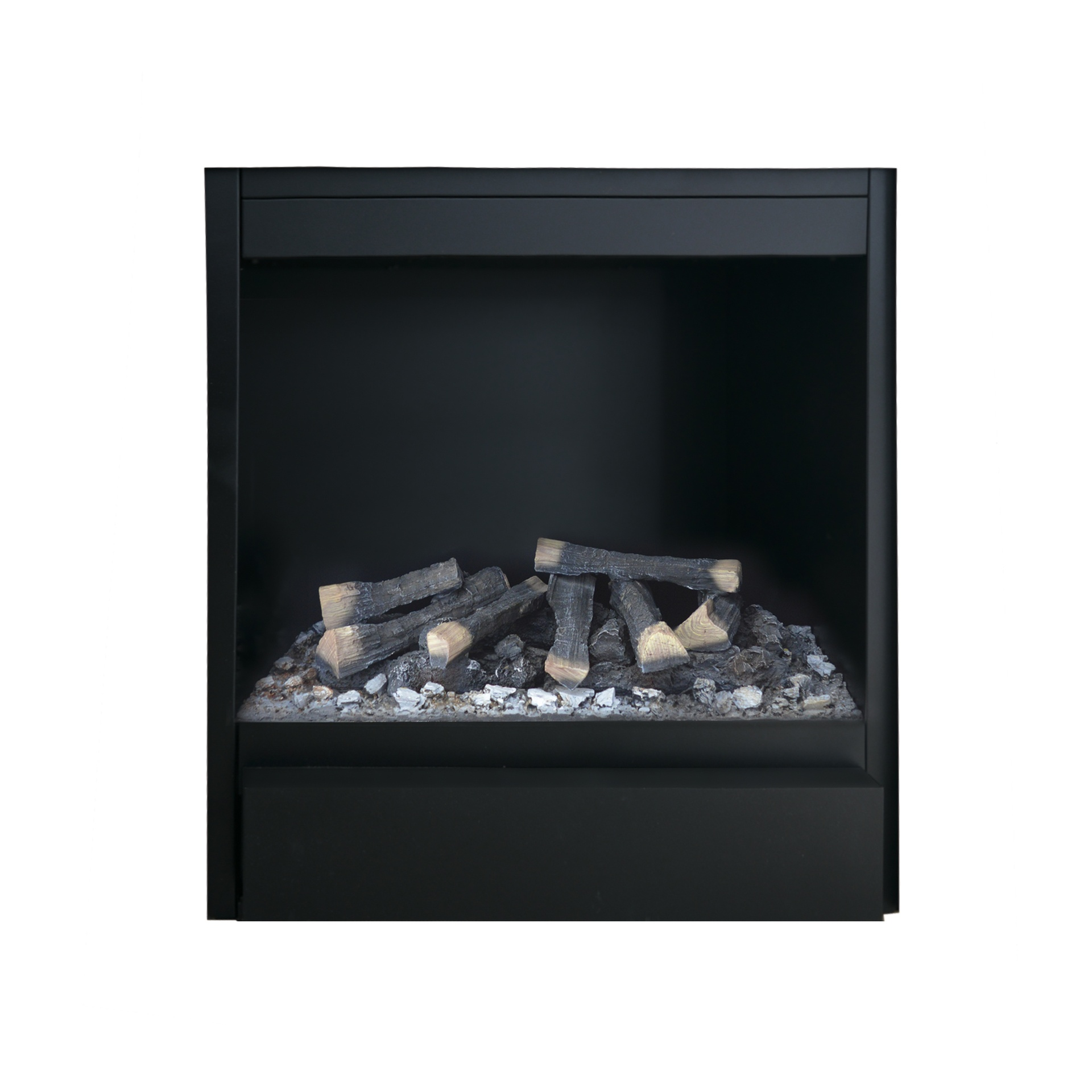 Een open haard met een zwart frame, gevuld met namaakhoutblokken en een bed van witte stenen.