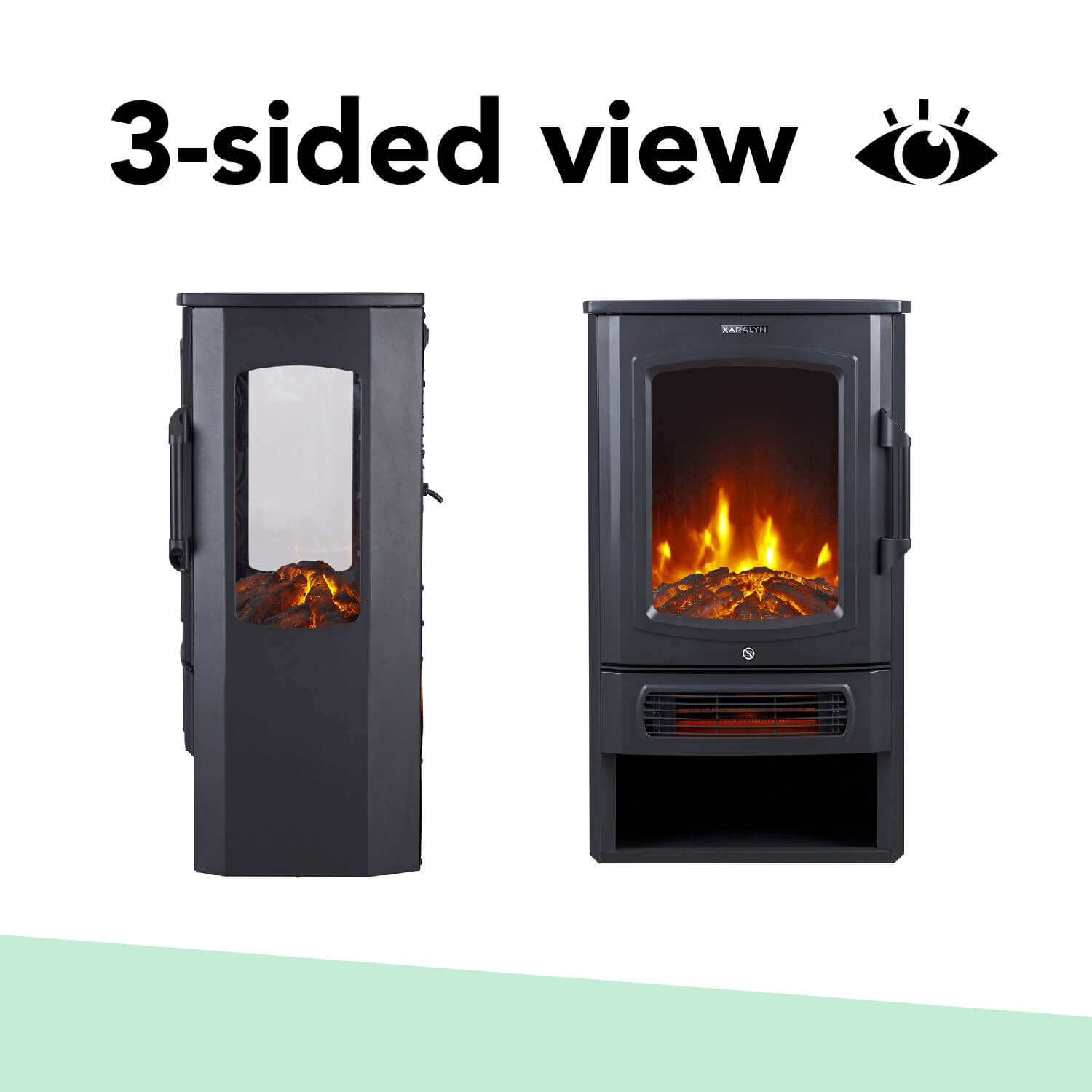 Twee zwarte elektrische haarden, één zijaanzicht, één vooraanzicht. Beide hebben een vlameffect in een glaspaneel. Tekst: 3-zijdige weergave.
