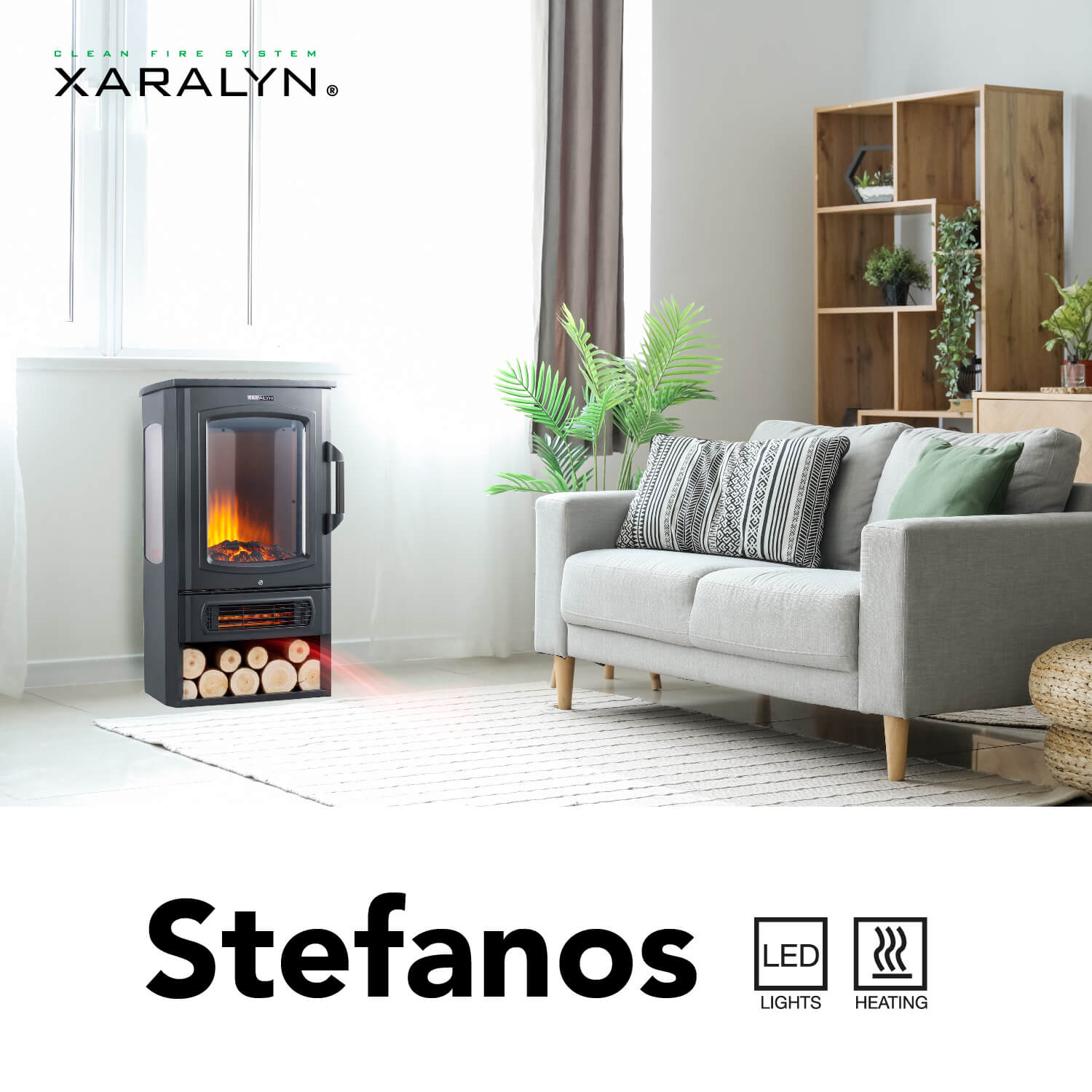 Een moderne open haard met een gesimuleerd vuureffect. Een bank, planten en een houten plank in de achtergrond. De naam 'Stefanos' staat onder.