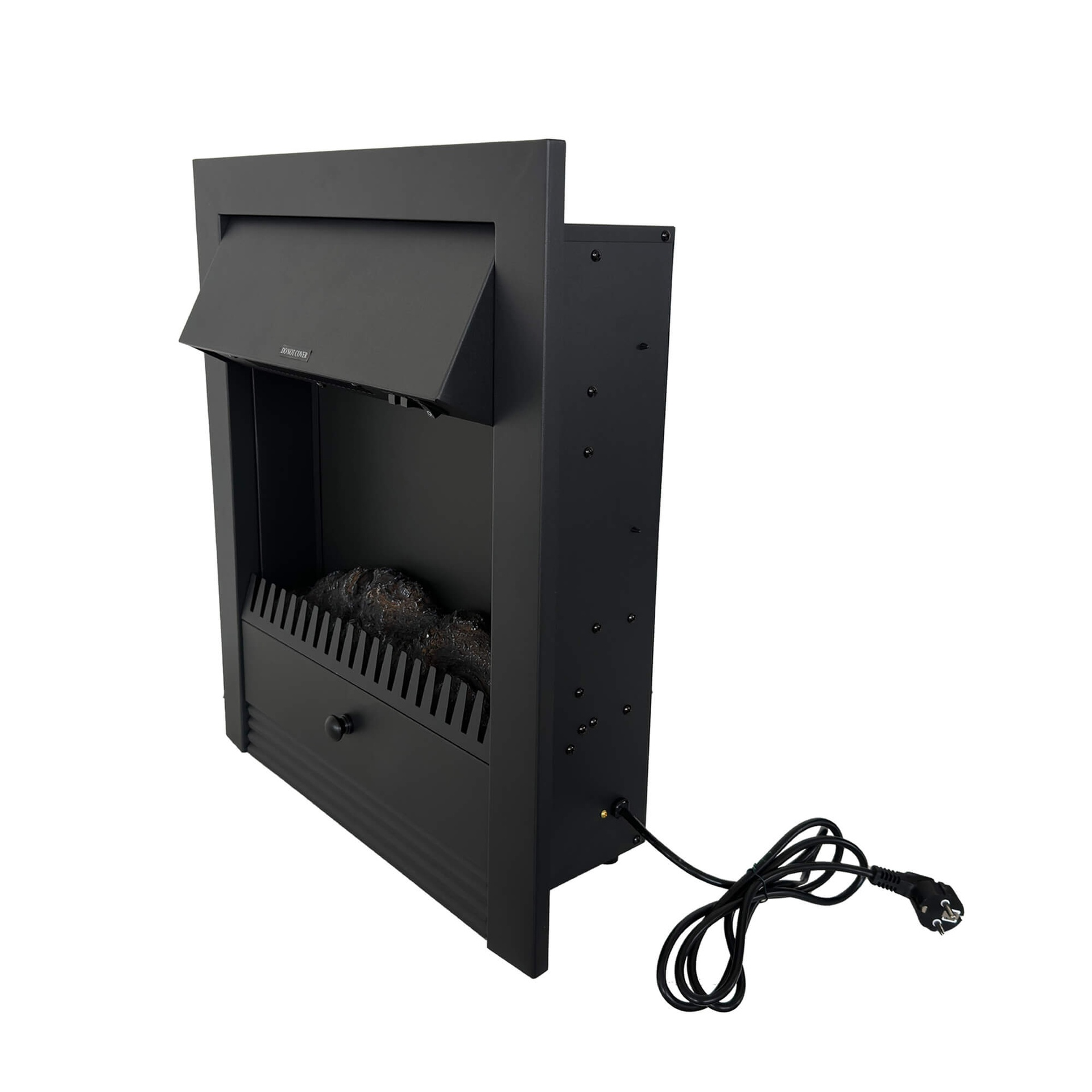 Zwarte elektrische open haard met een open deur. Heeft een nep houten interieur en een netsnoer.