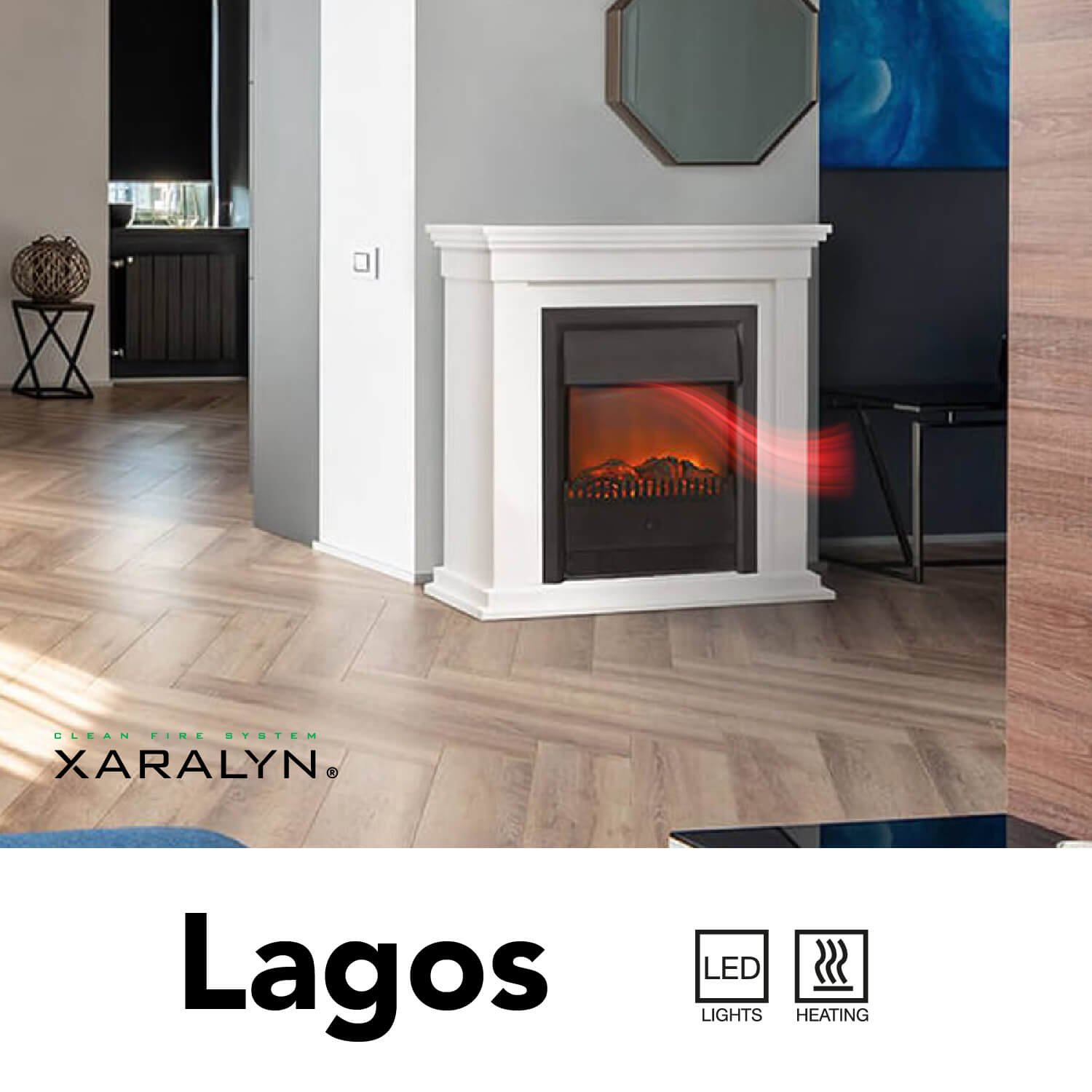 Een elektrische open haard in een woonkamer, met het merk 'Xaralyn' en het woord 'Lagos' onderaan.