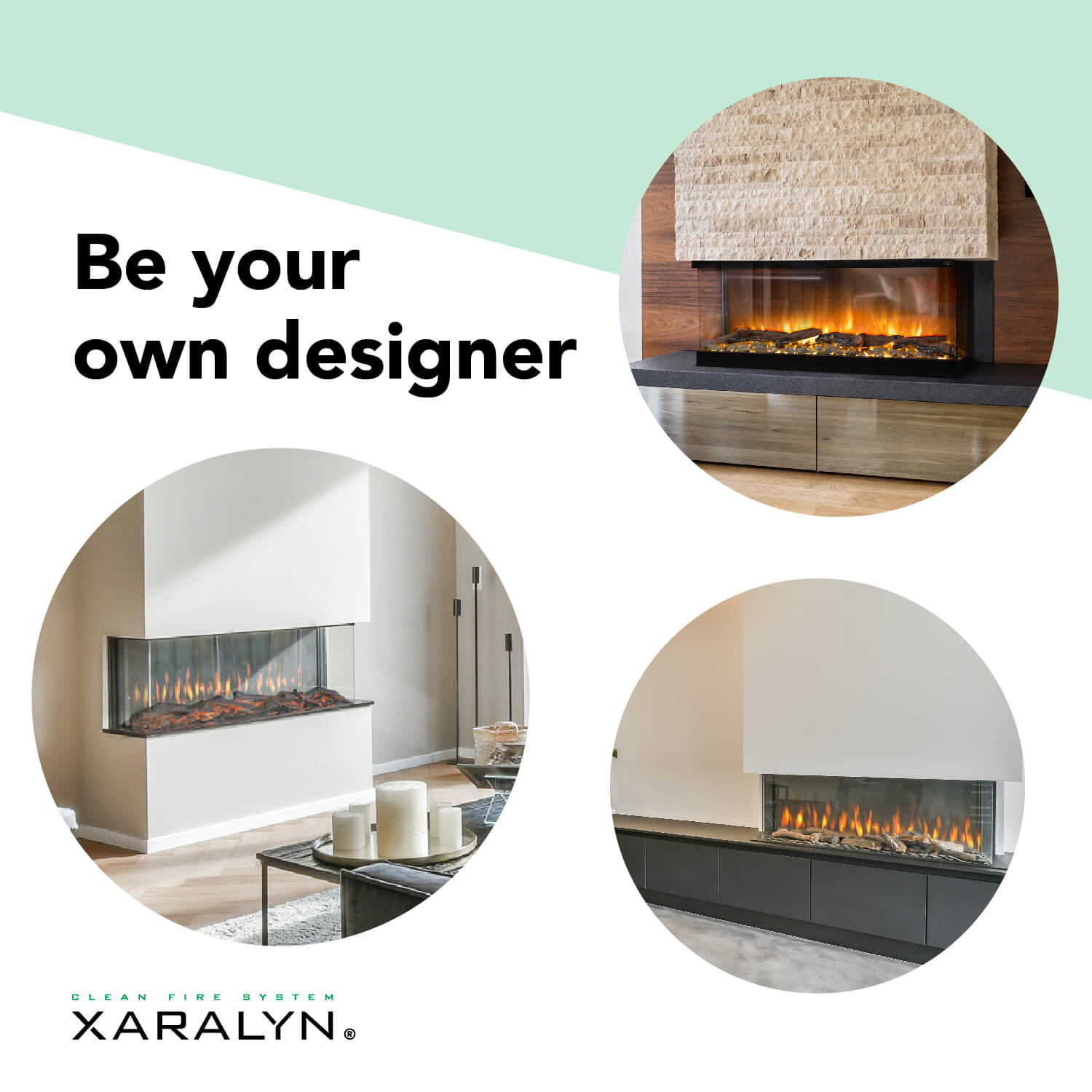 Drie decoratieve open haarden, die verschillende moderne huisontwerpen tonen.